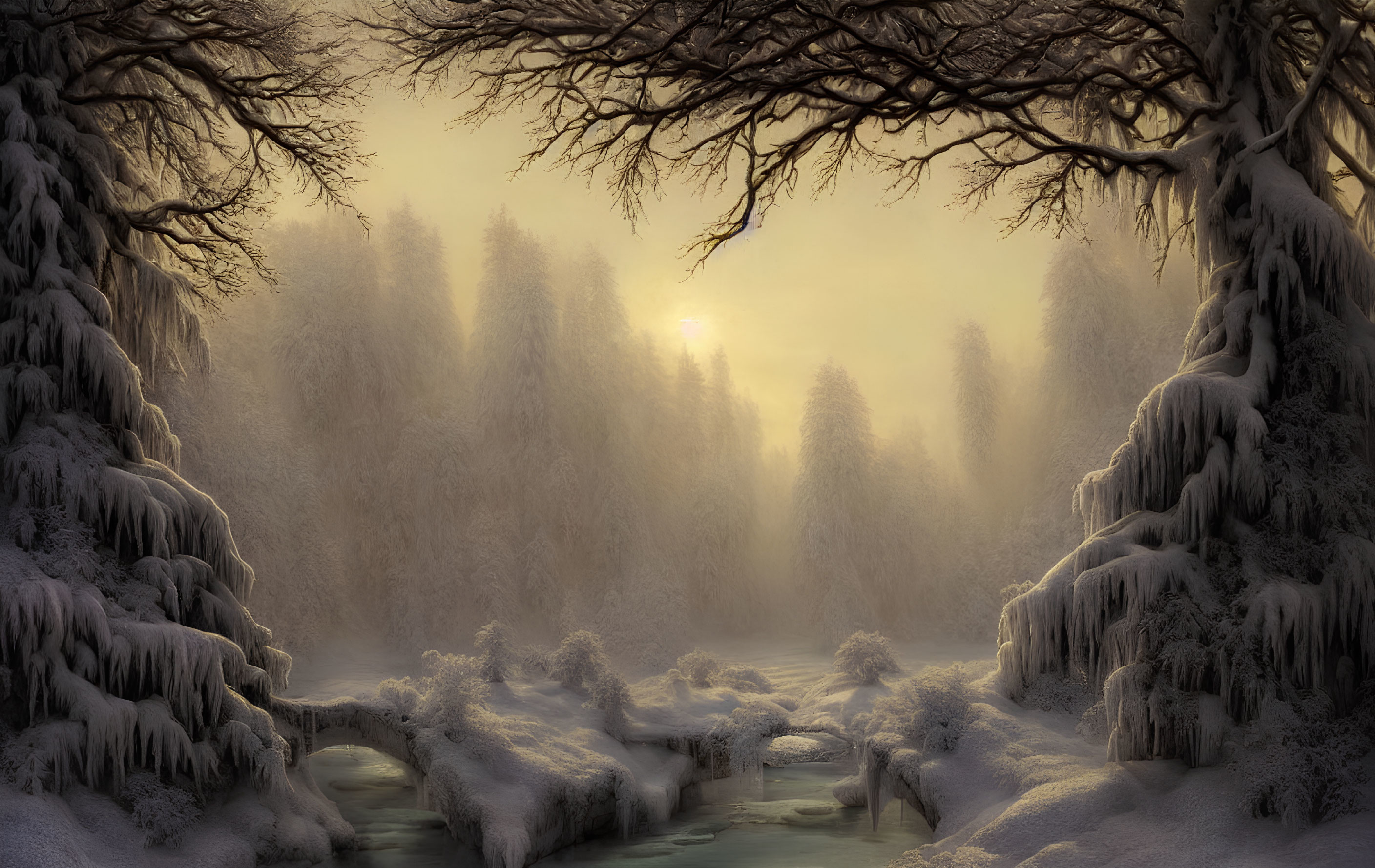 Snow-covered trees in serene winter landscape with misty glow and gentle stream