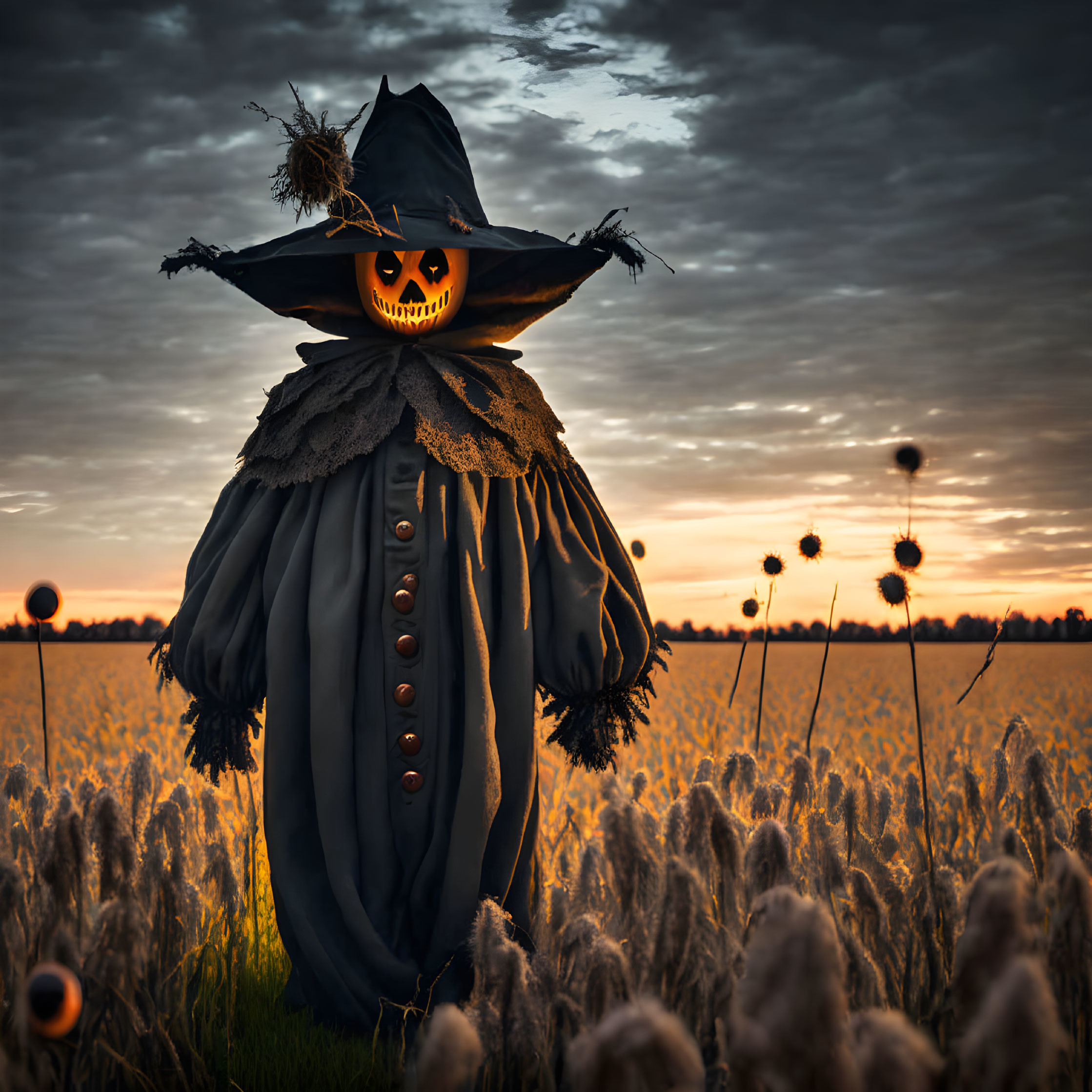 Spooky scarecrow with pumpkin head and witch's hat in field at sunset