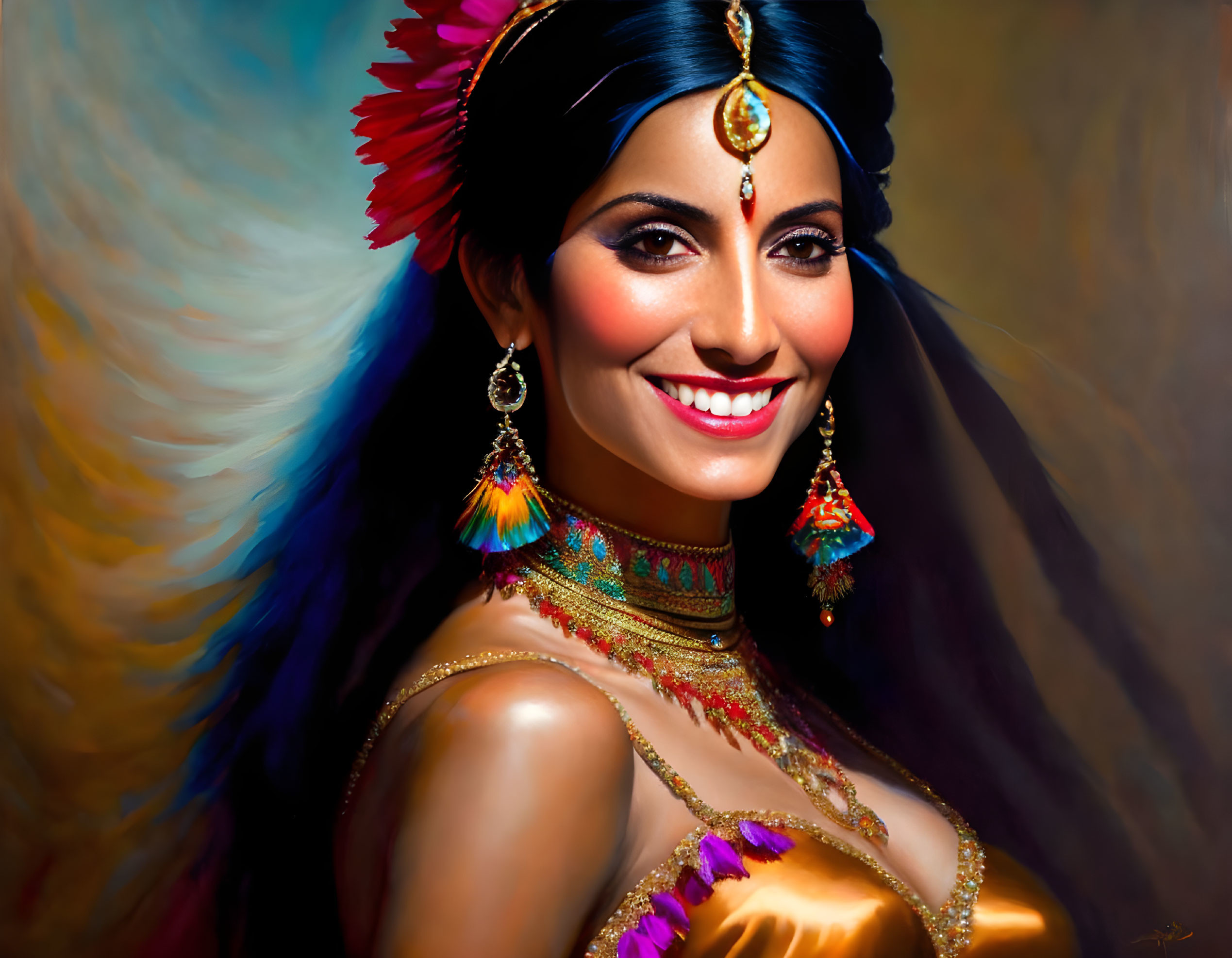 Digital artwork featuring smiling woman in traditional Indian jewelry