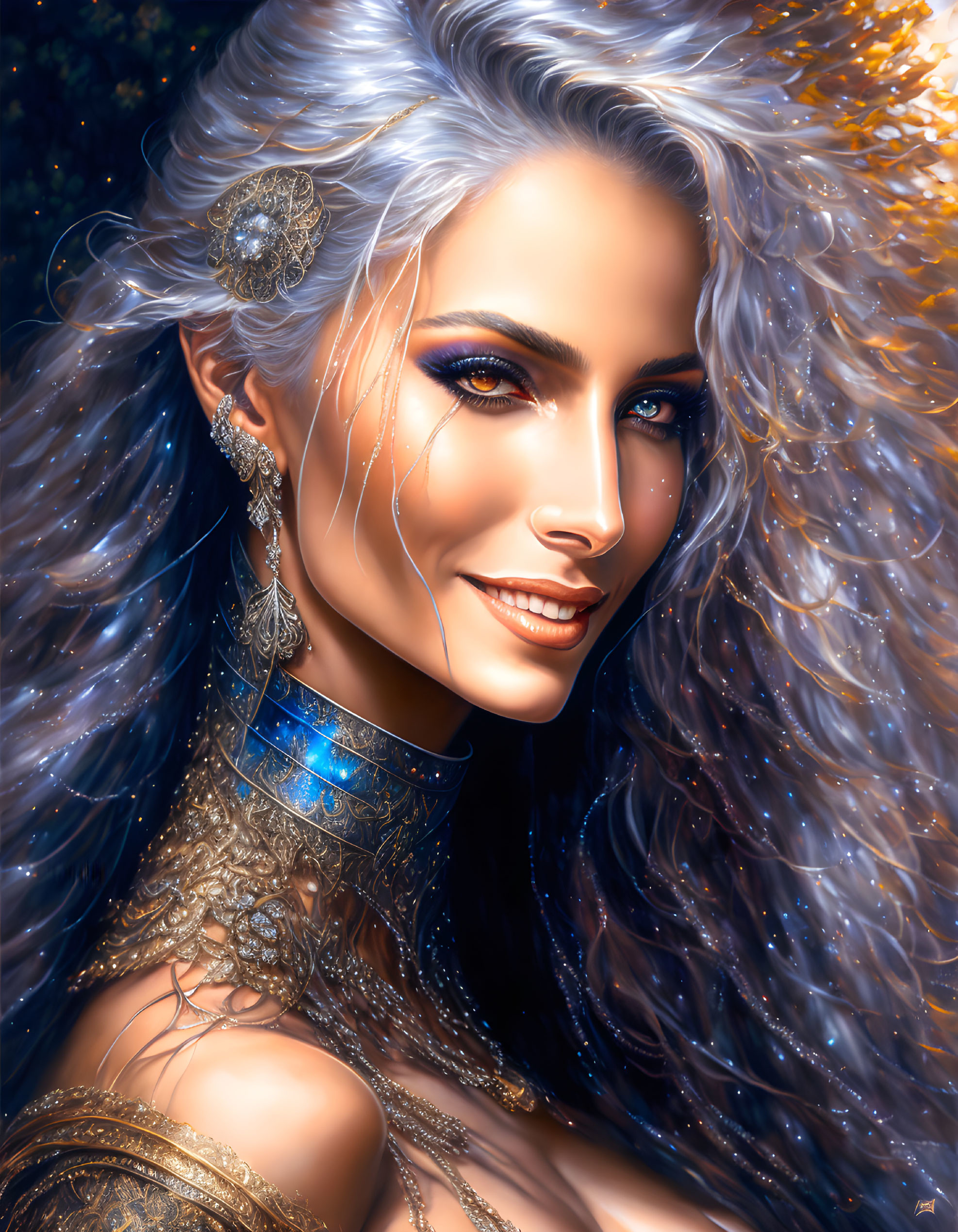 Silver-haired woman with blue eyes and elaborate jewelry in radiant smile against golden backdrop