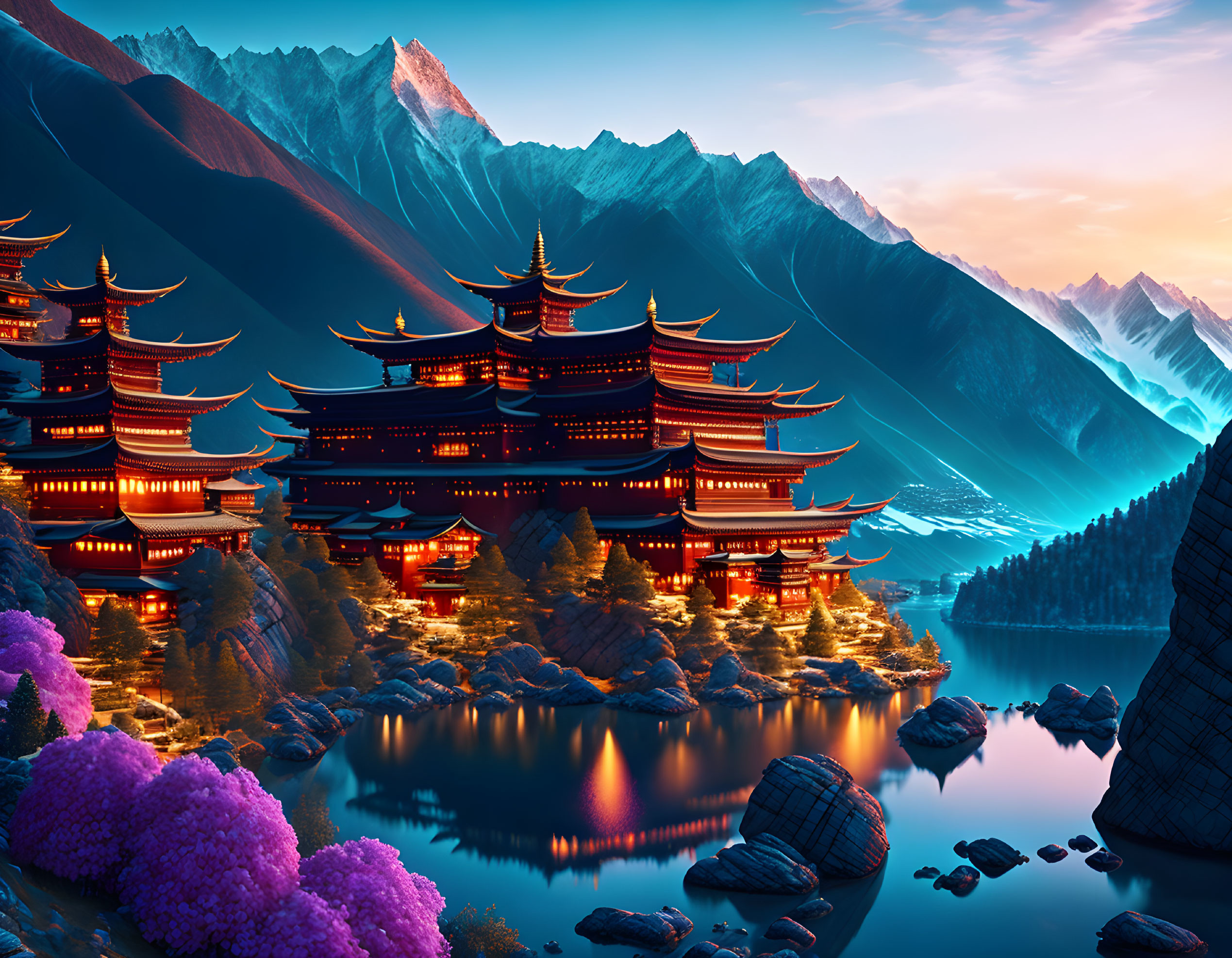 Digital artwork: Traditional Asian palace by serene lake at dusk