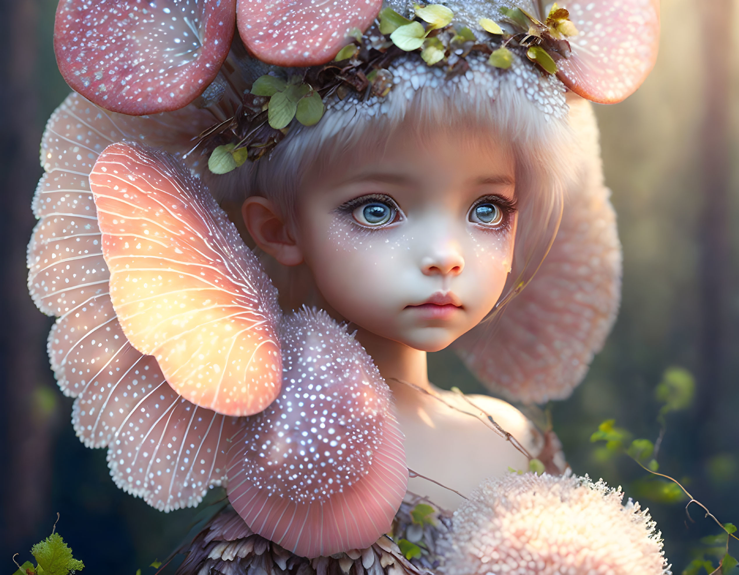 Child with Mushroom Cap Attire and Butterfly Wings in Enchanting Forest