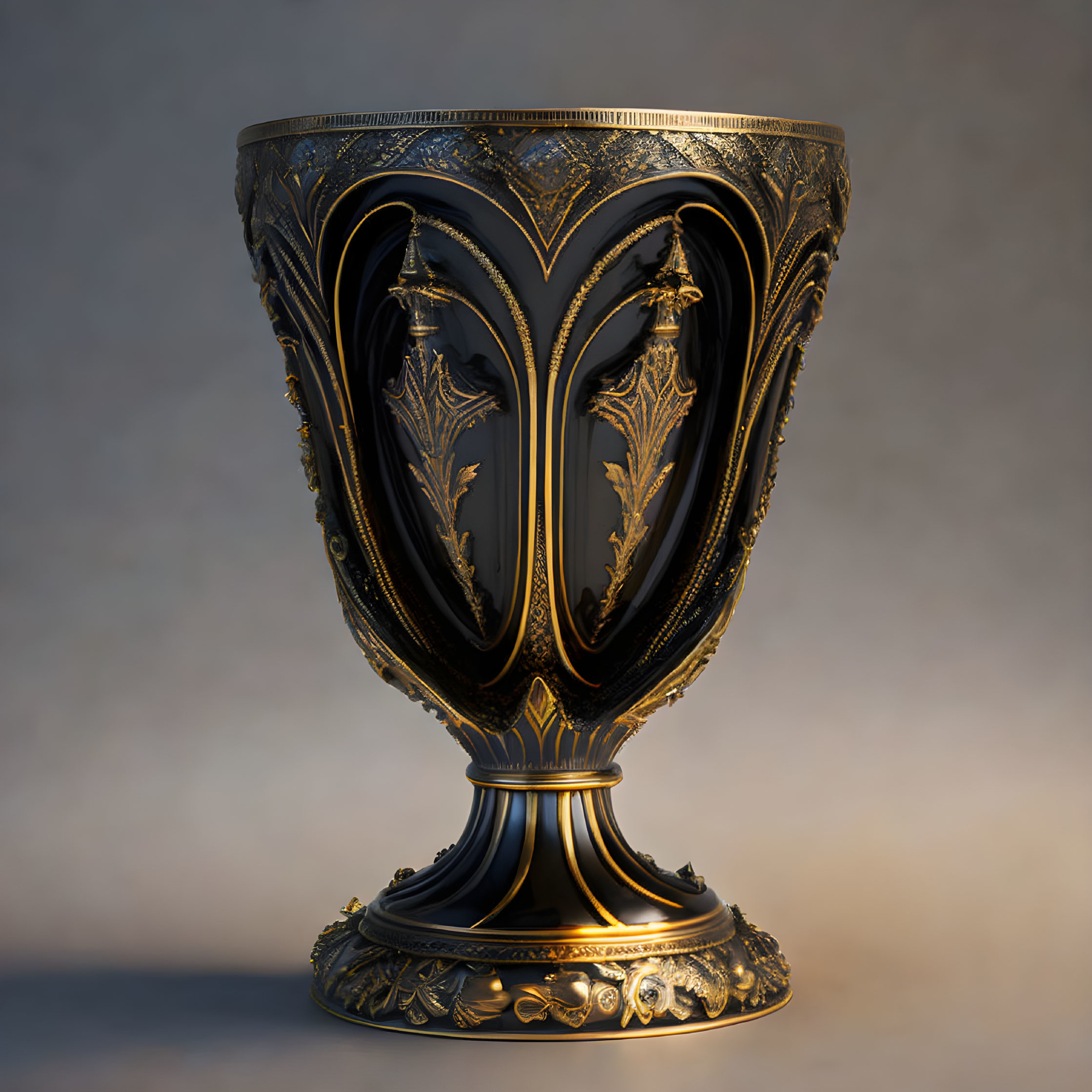 Intricate Black and Gold Chalice on Gray Background