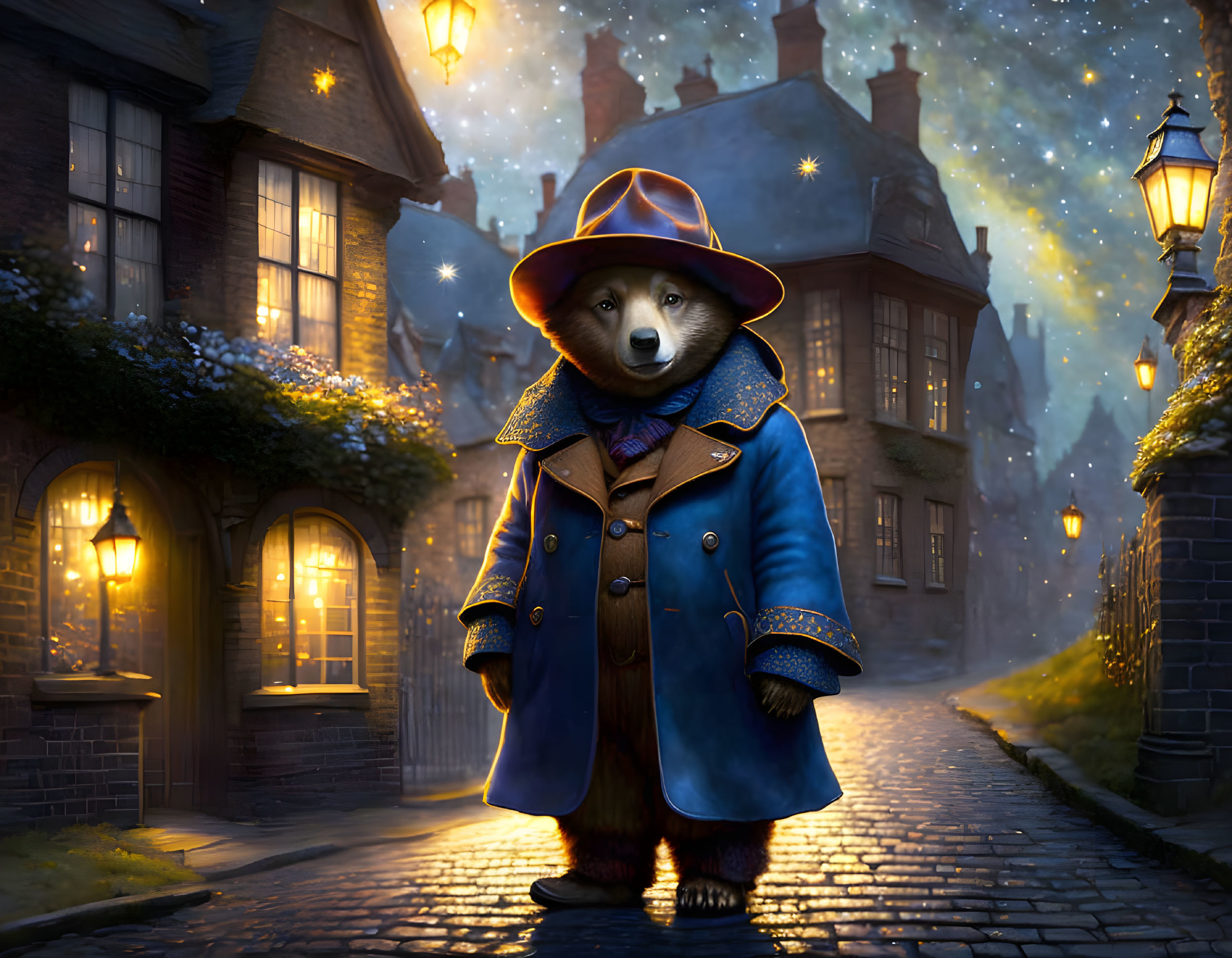 Anthropomorphic bear in blue coat and hat on cobblestone street at dusk