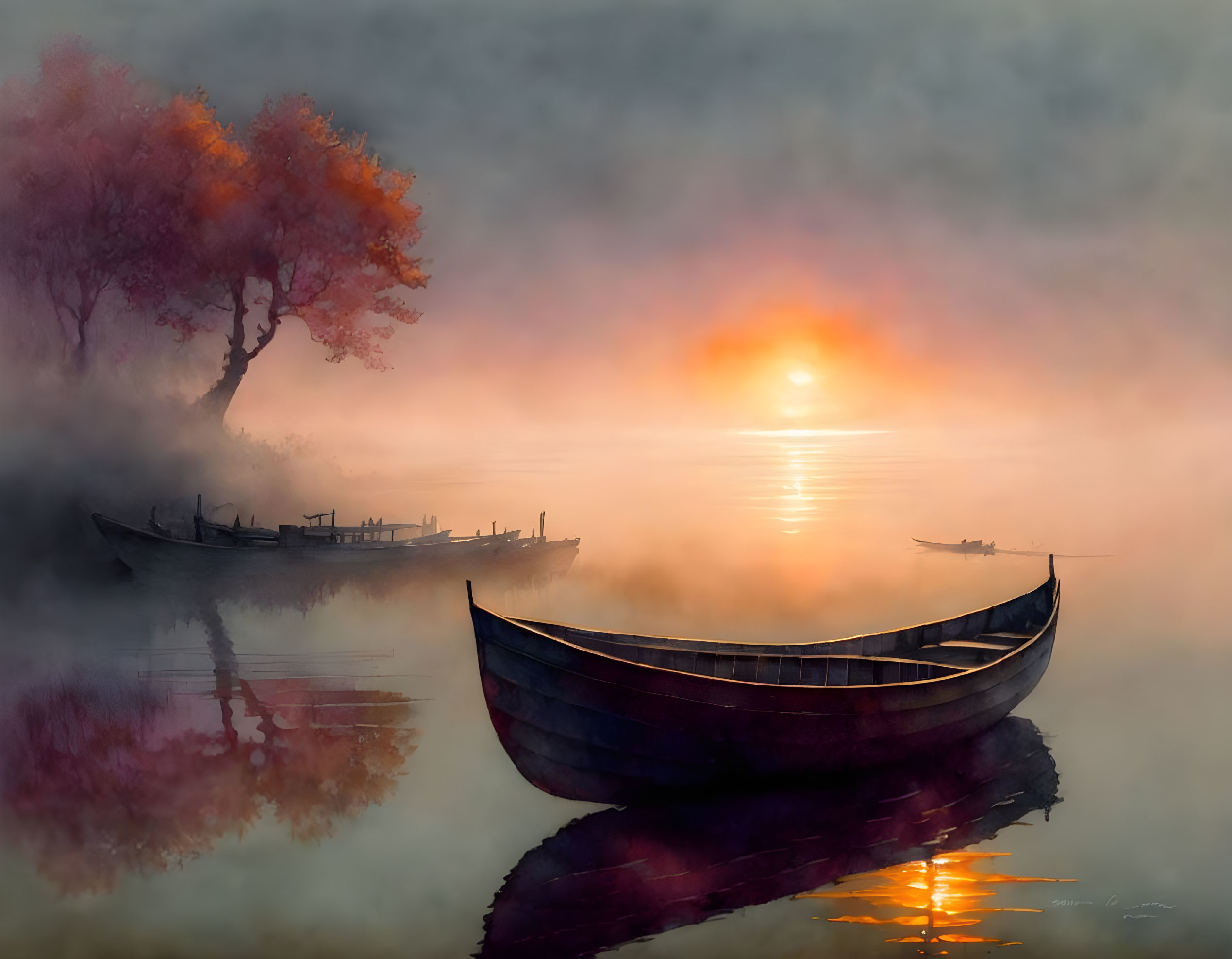 Tranquil sunrise lake scene with boats, rower, autumn tree