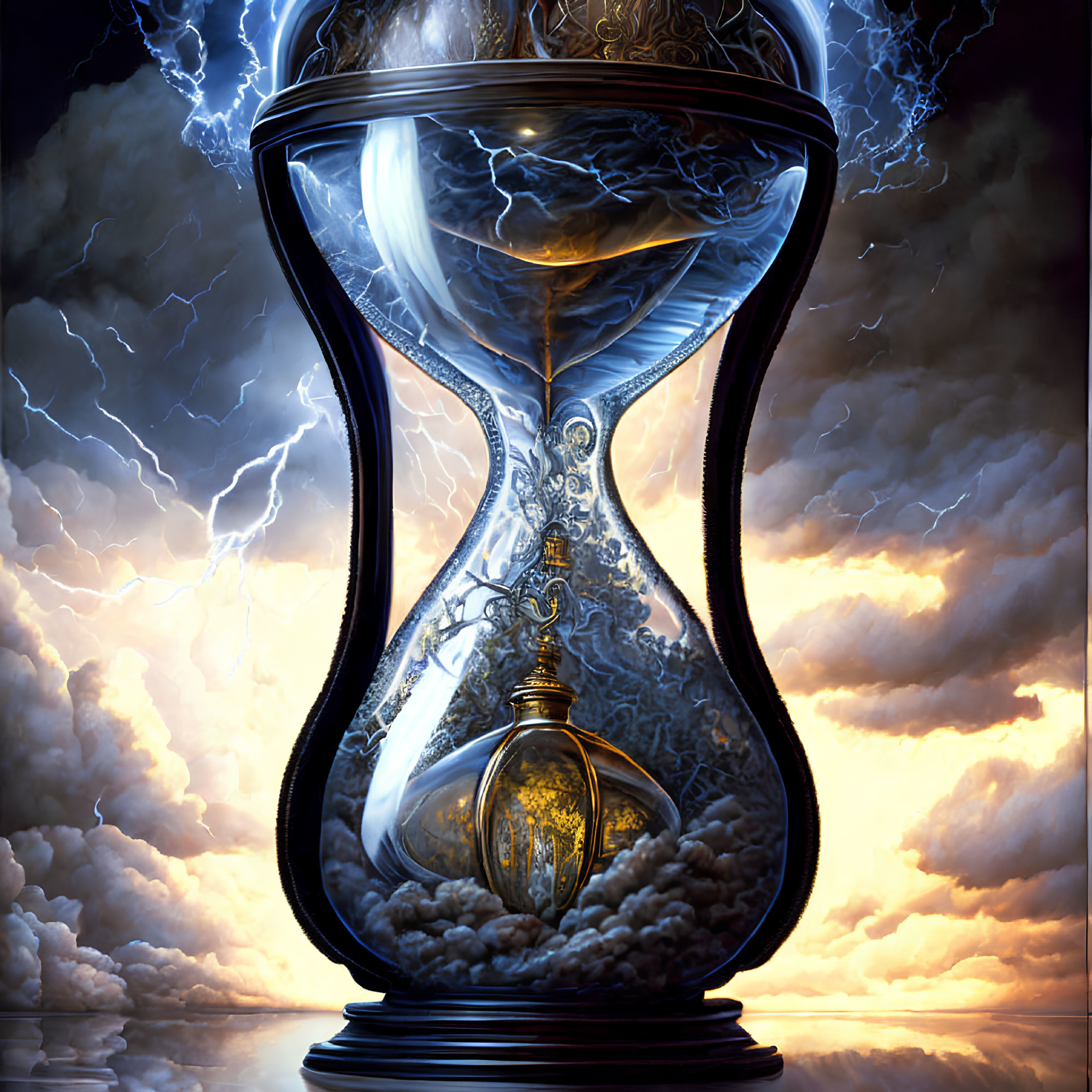 Ornate hourglass with stormy sky symbolizing time, power, and nature