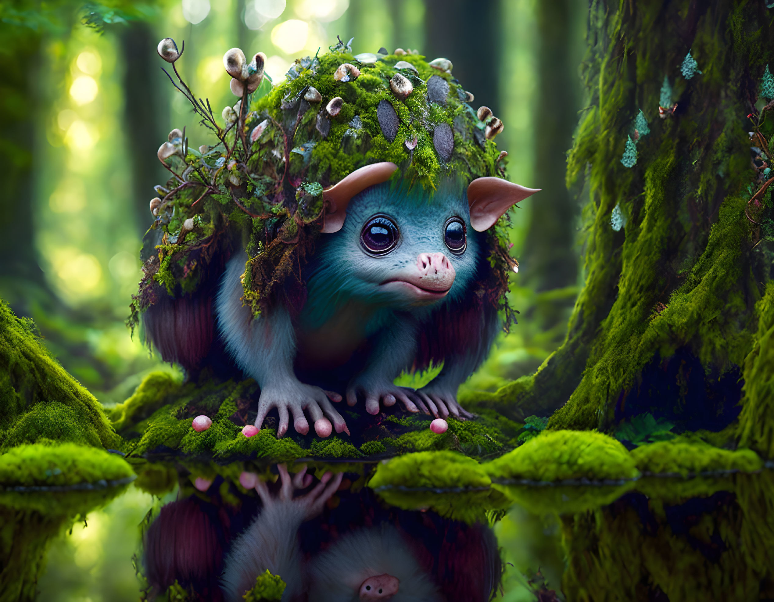 Enchanting moss-covered creature in vibrant forest