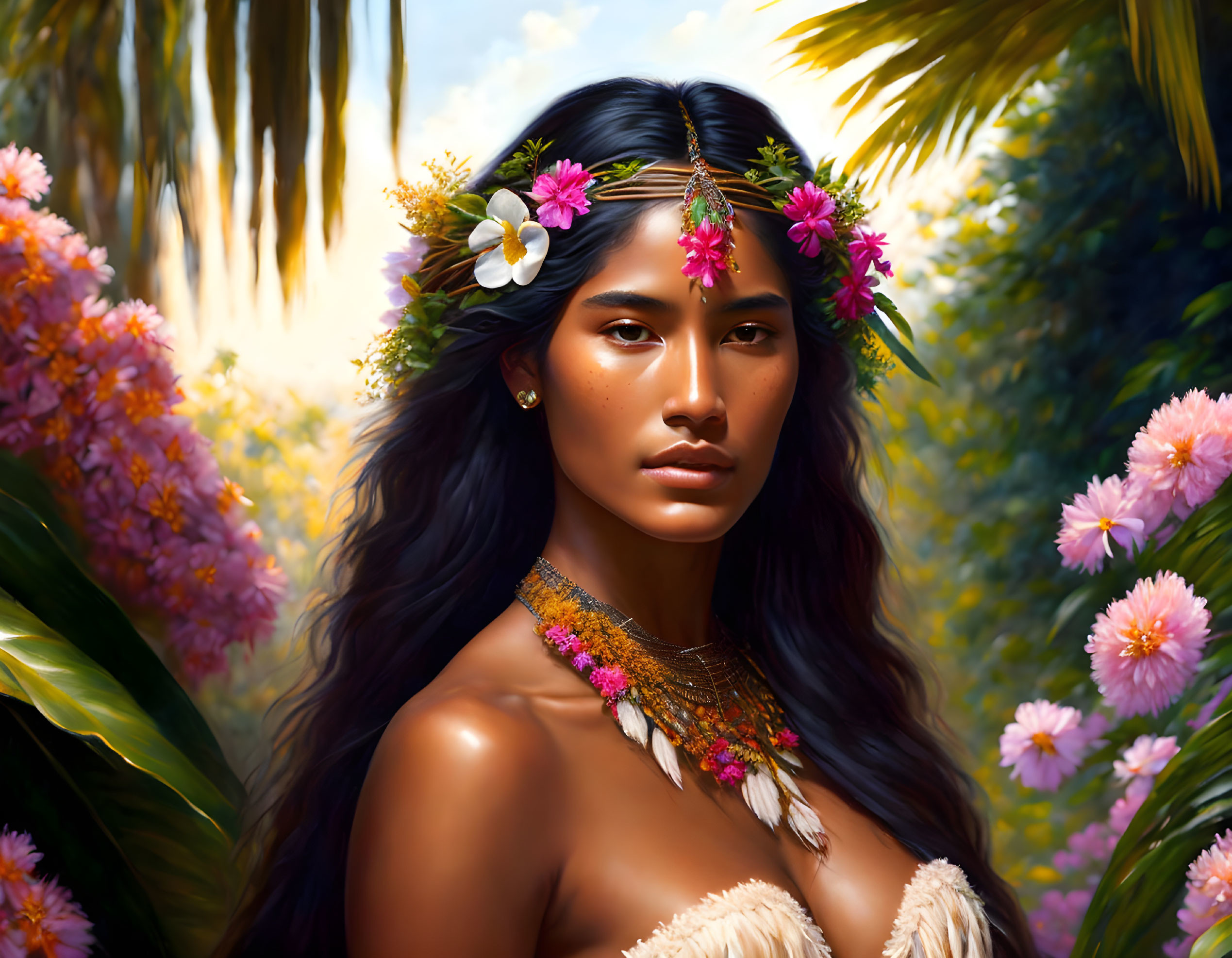 Digital art portrait of woman with floral headpiece in lush tropical setting