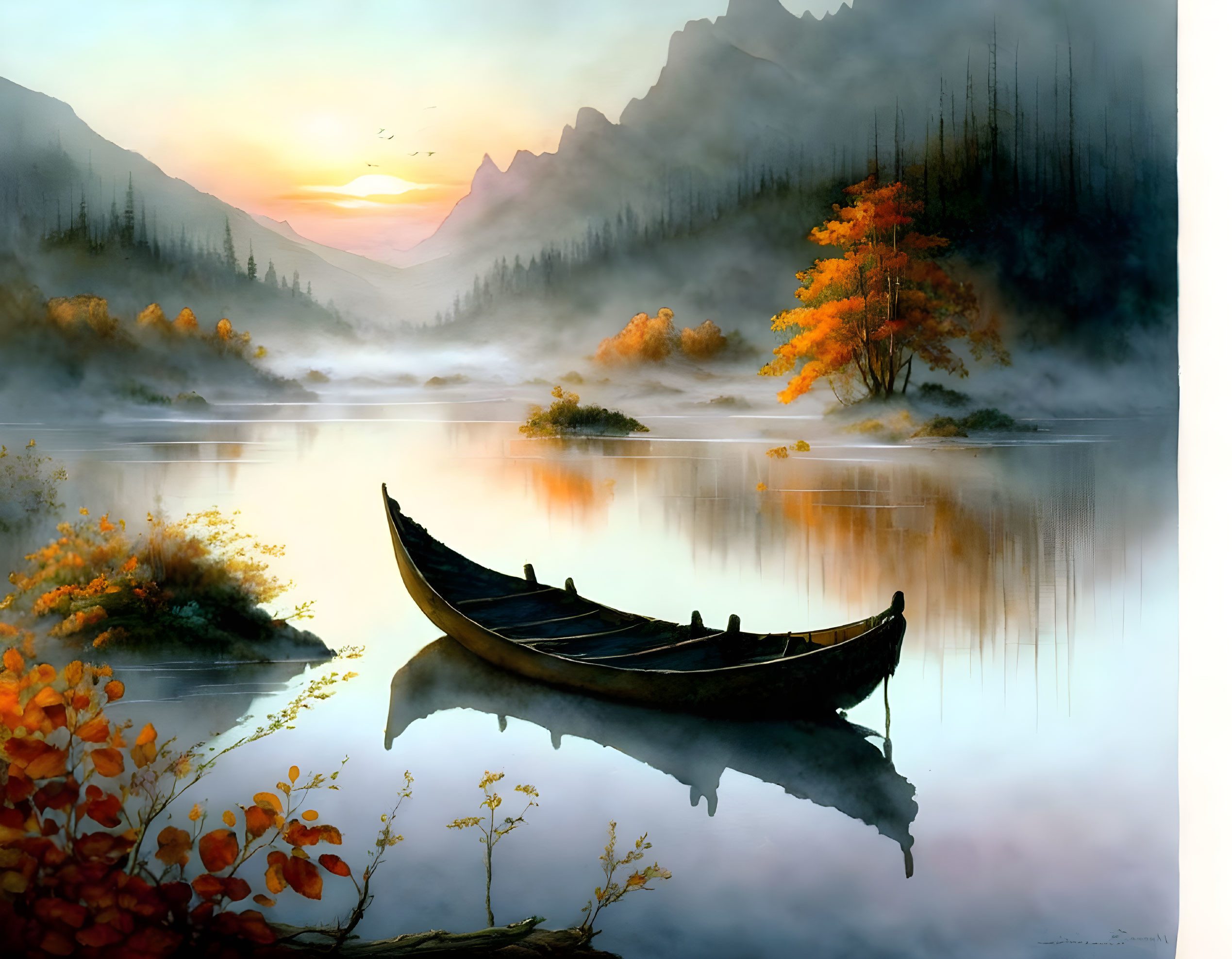 Tranquil sunrise over misty mountain lake with canoe