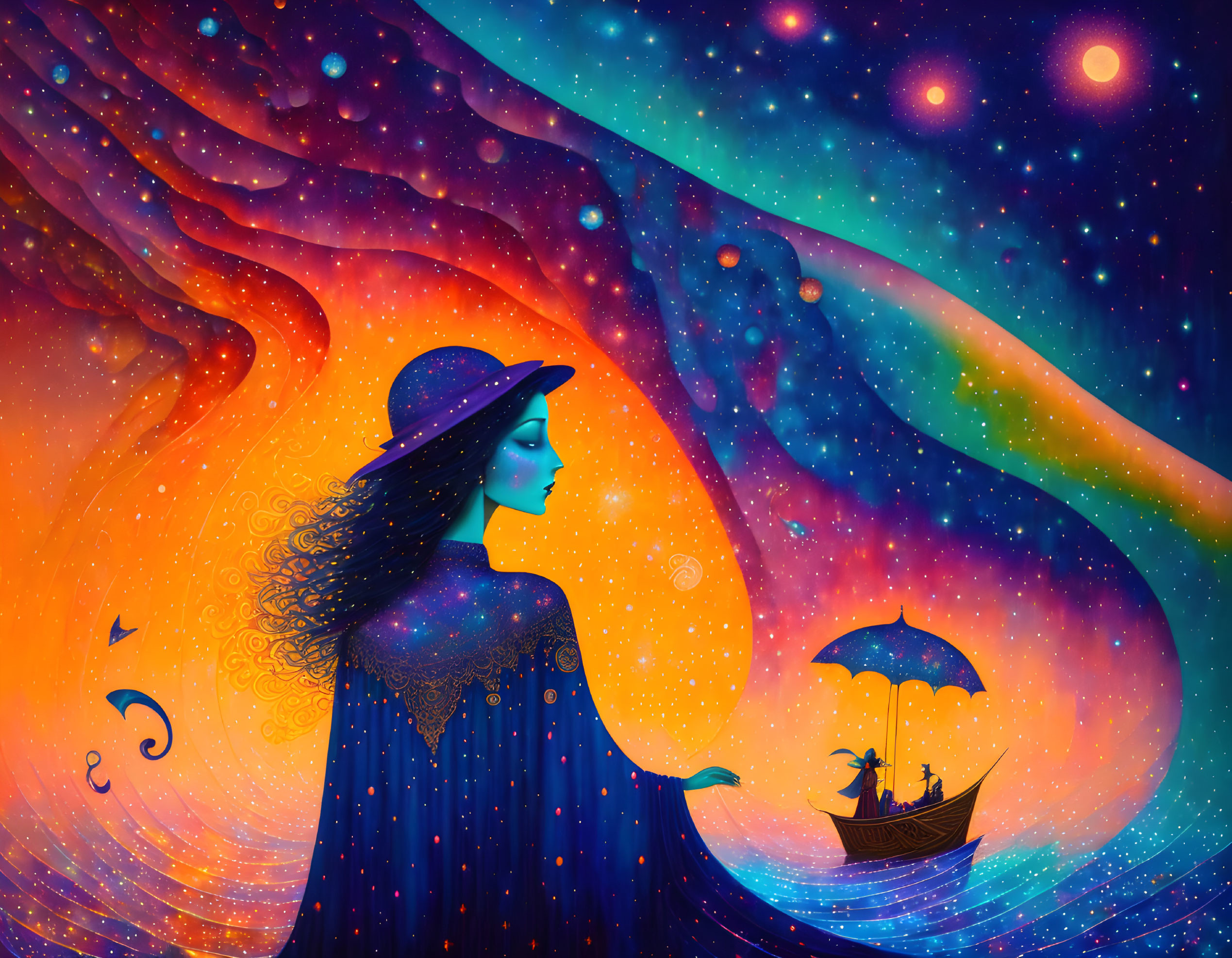 Colorful woman with umbrella in cosmic scene with sailboat on celestial river