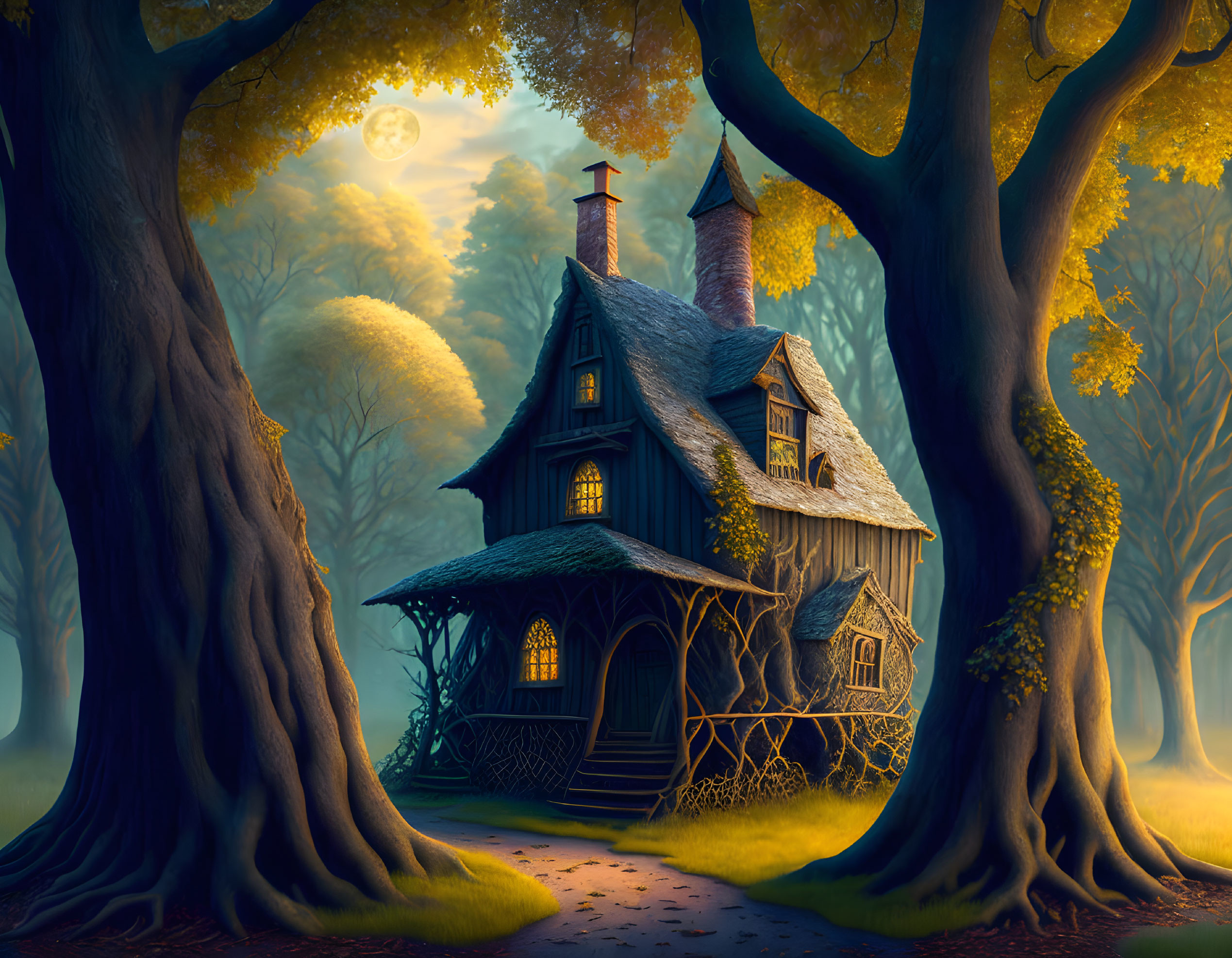 Cozy cottage in mystical autumn forest at night