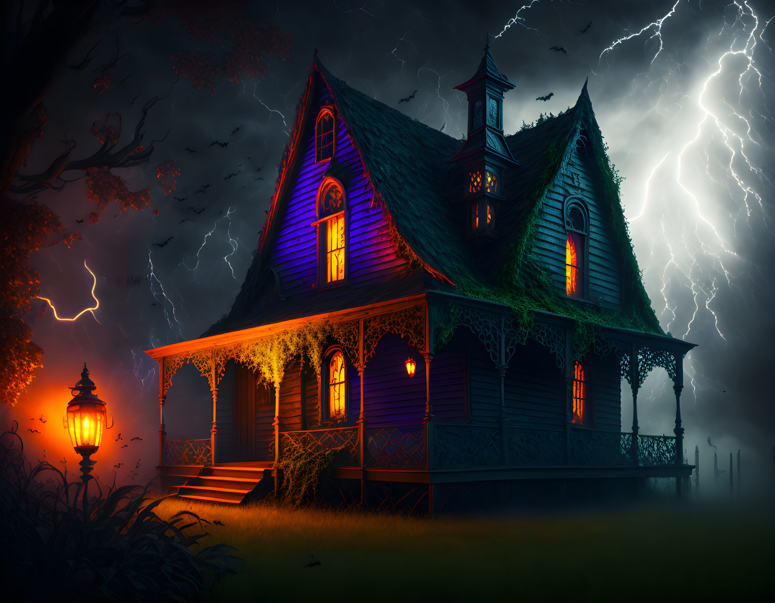 Victorian house in purple light with lightning in spooky setting