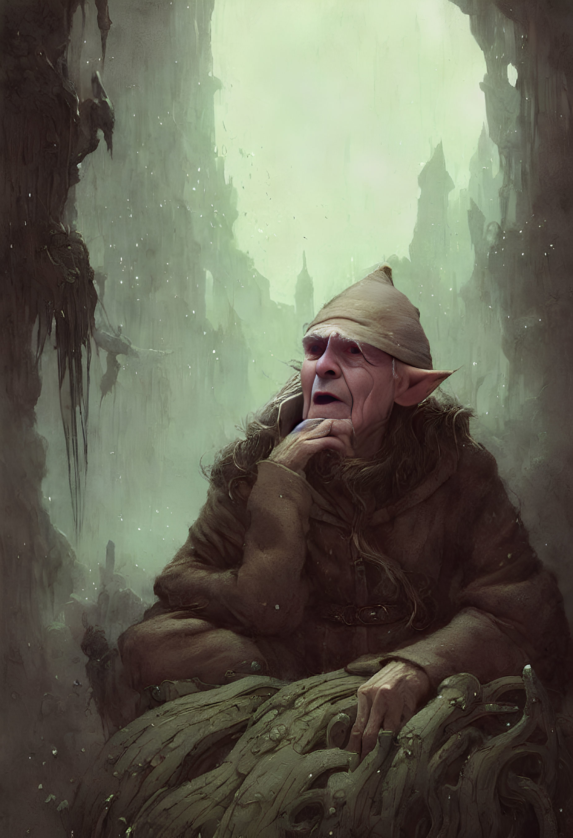 Fantasy creature with pointed ears in hooded cloak, surrounded by misty forest.