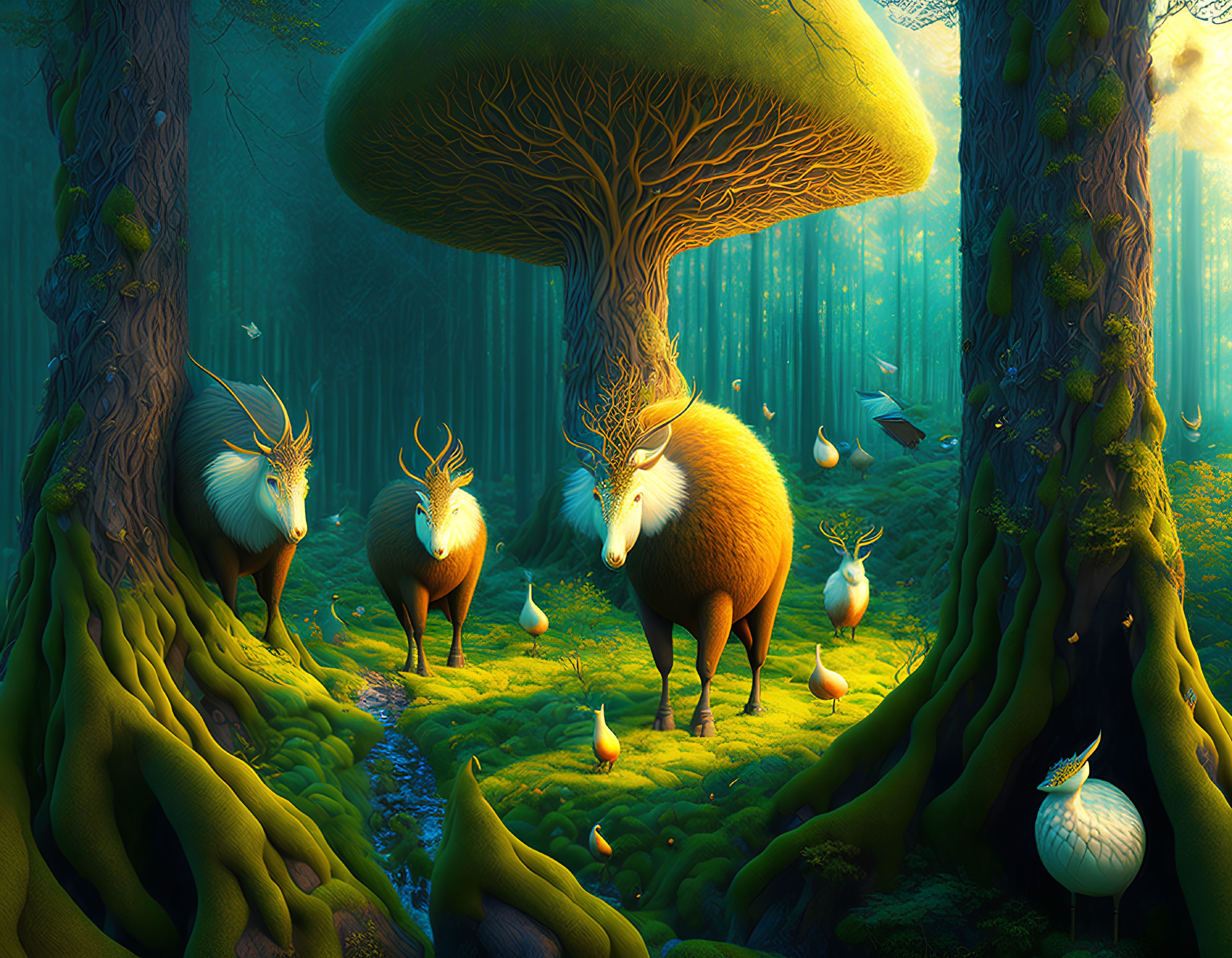 Enchanting forest with oversized mushrooms and glowing creatures