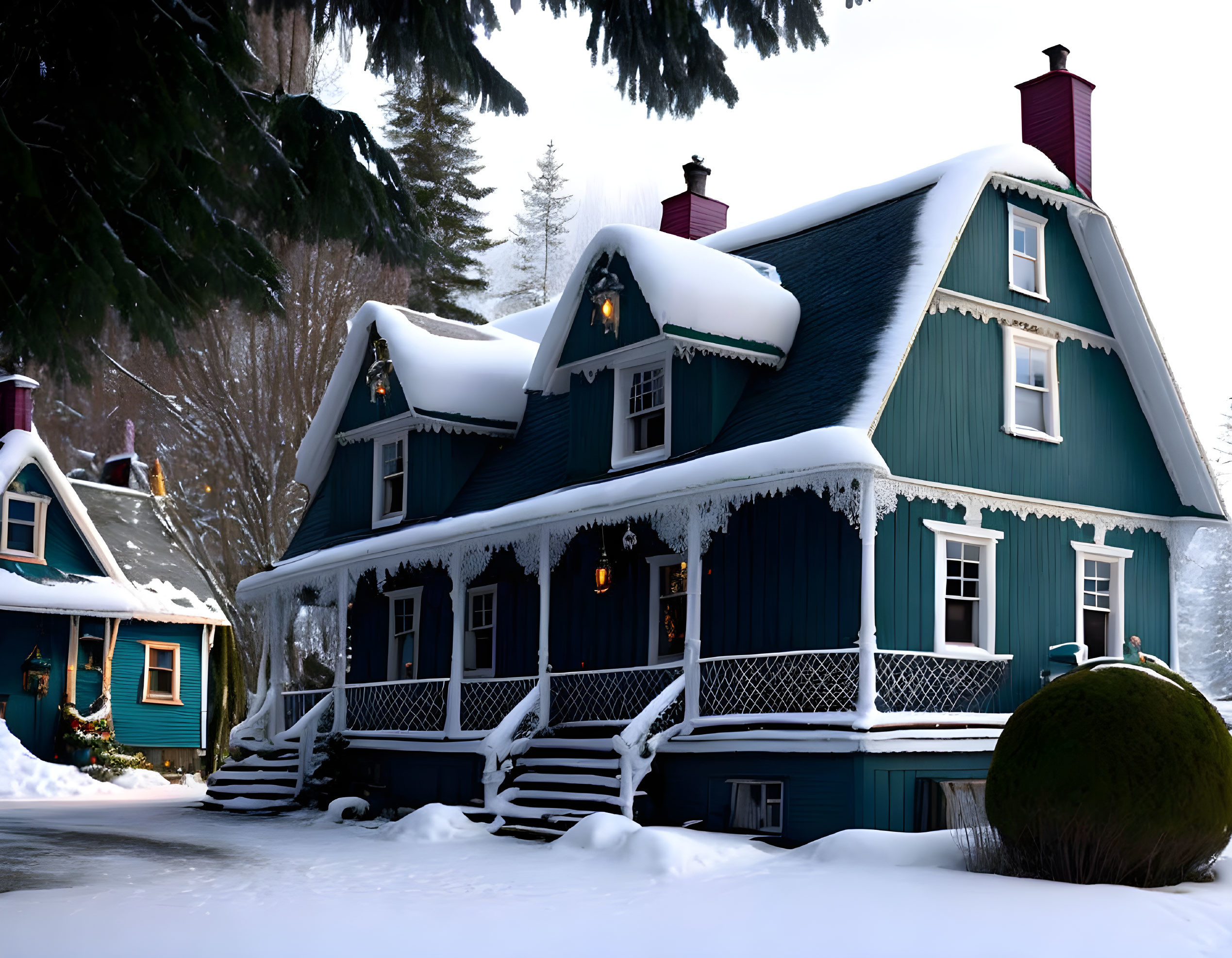 Snow-covered blue house with white trimmings in winter setting among trees.