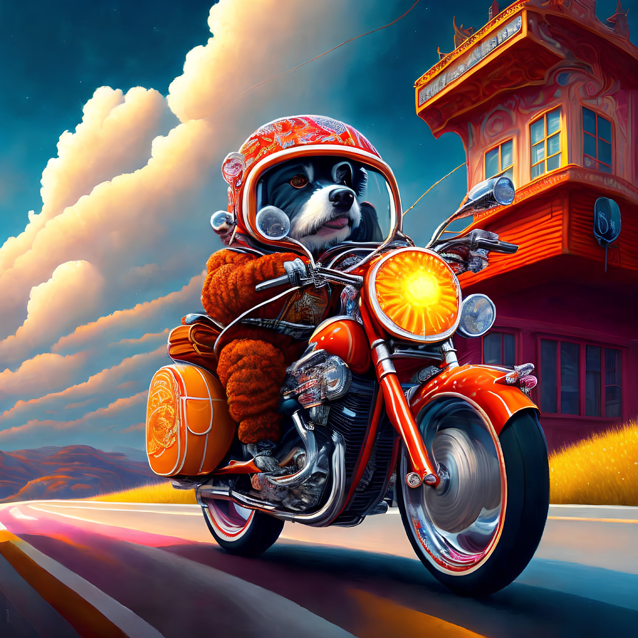 Animated raccoon on motorbike rides by neon-lit building under dramatic sky