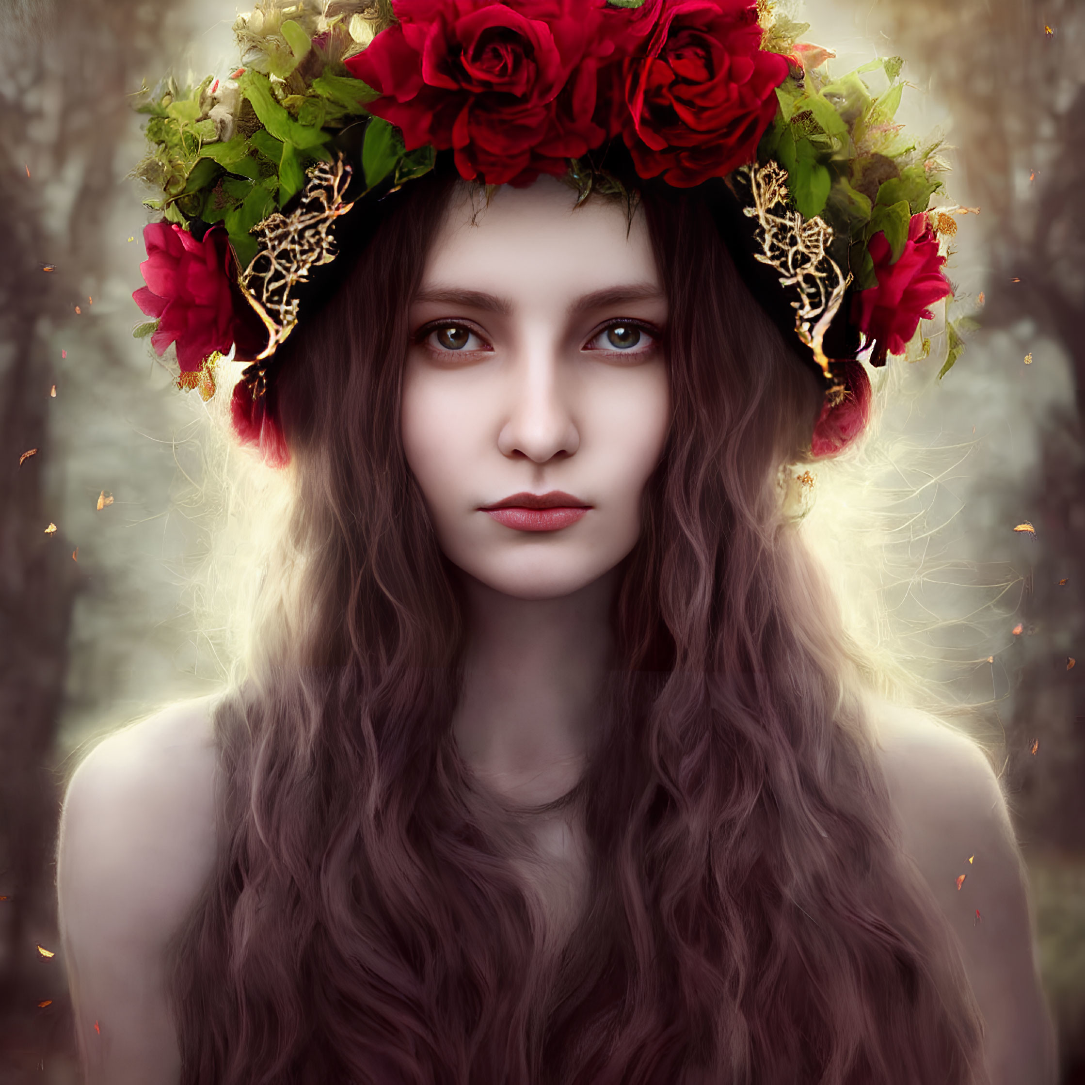 Woman with long wavy hair in floral crown against natural backdrop