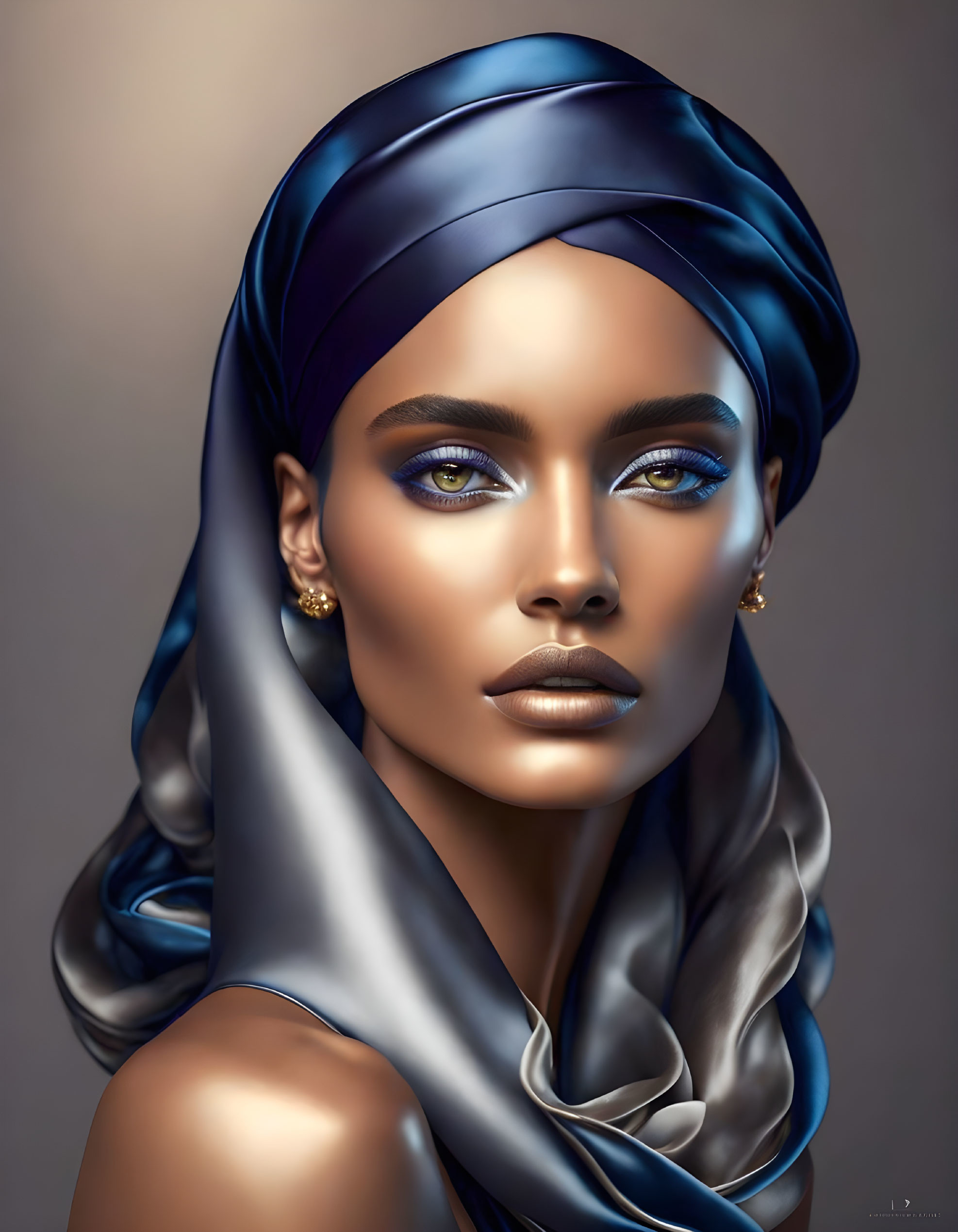 Portrait of woman with striking blue eyes and blue headscarf, detailed makeup, gold earrings