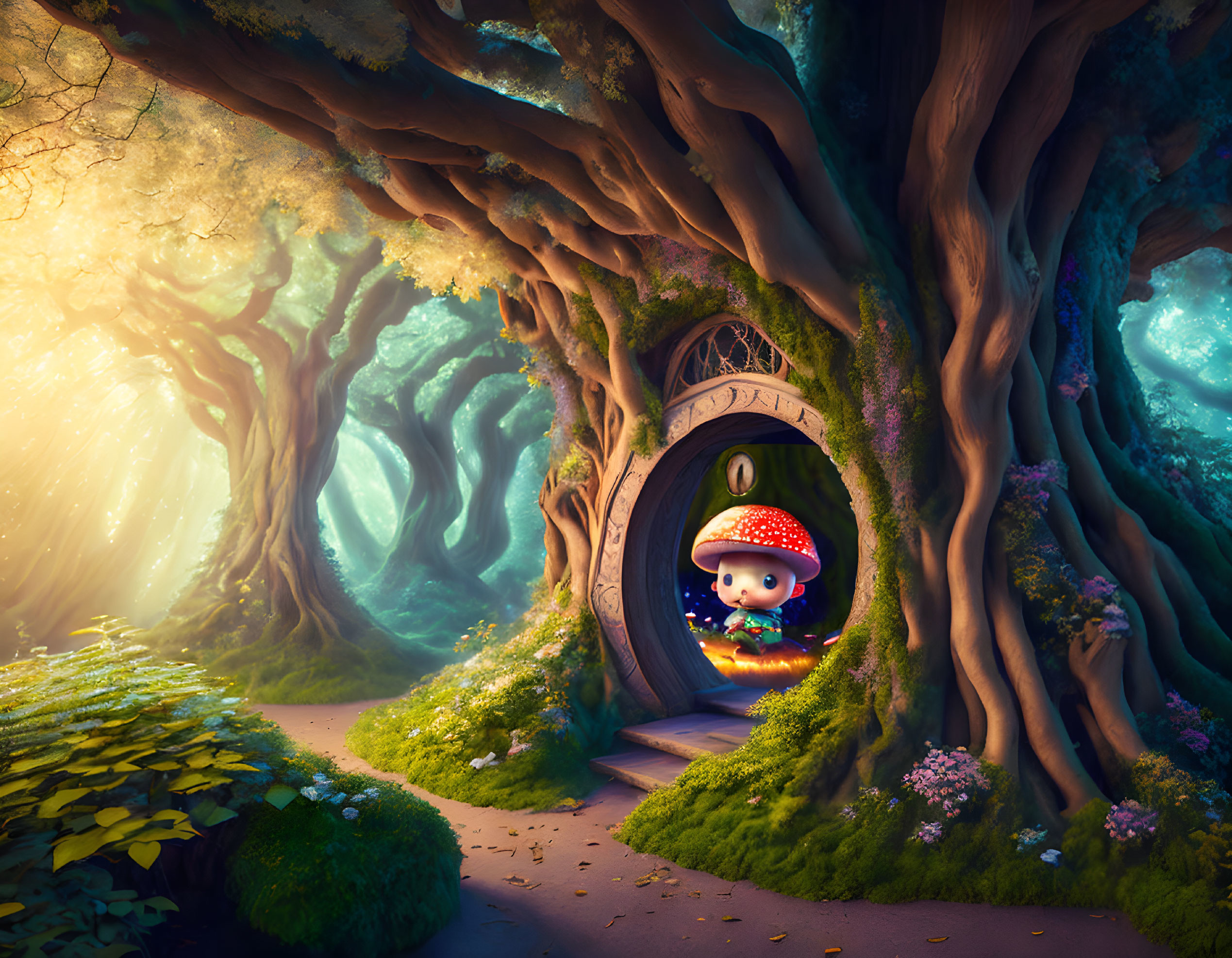 Illustration of whimsical forest scene with large tree and small character peeking out from round door