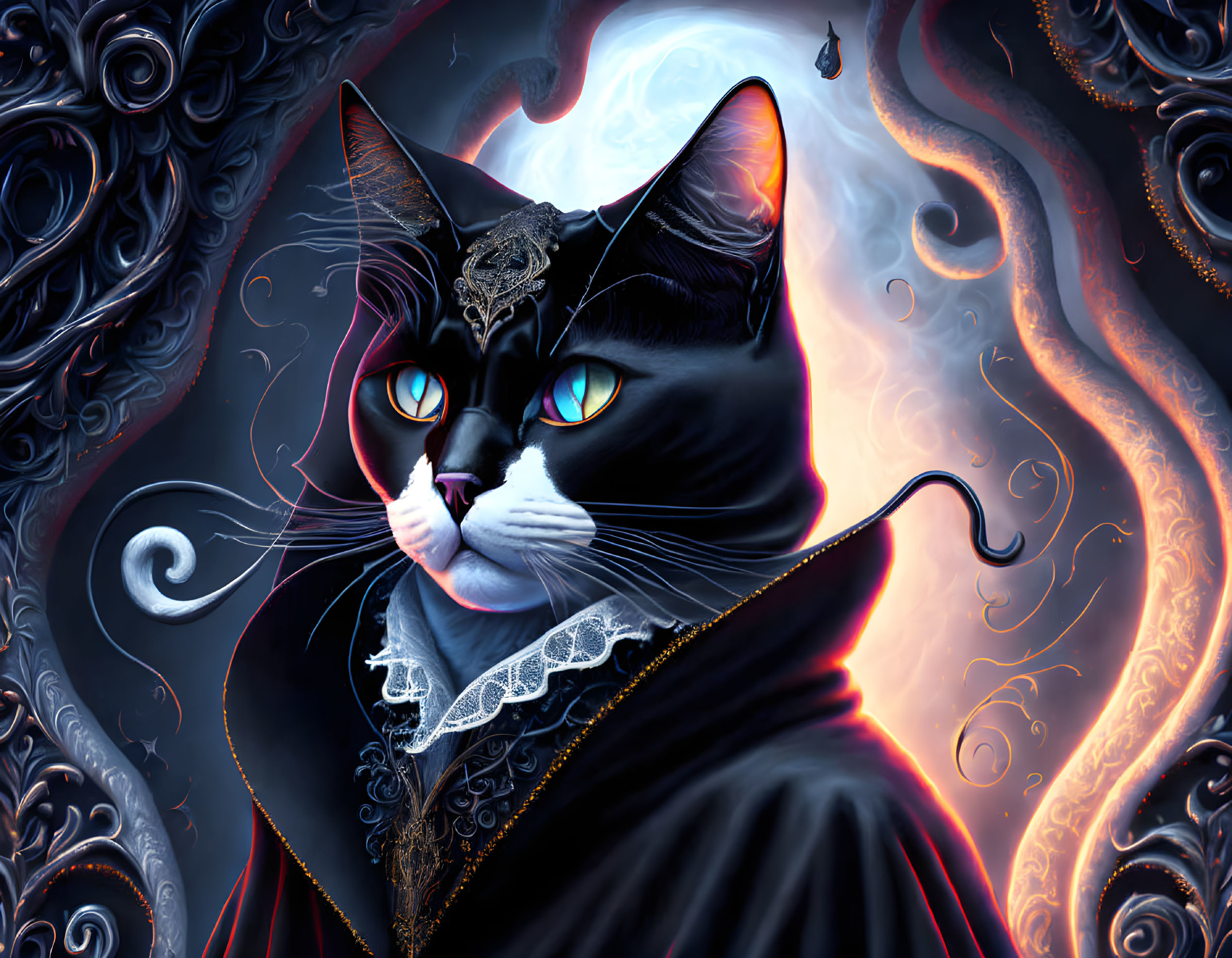 Black Cat with Blue Eyes and Ornate Collar on Orange and Blue Swirl Background