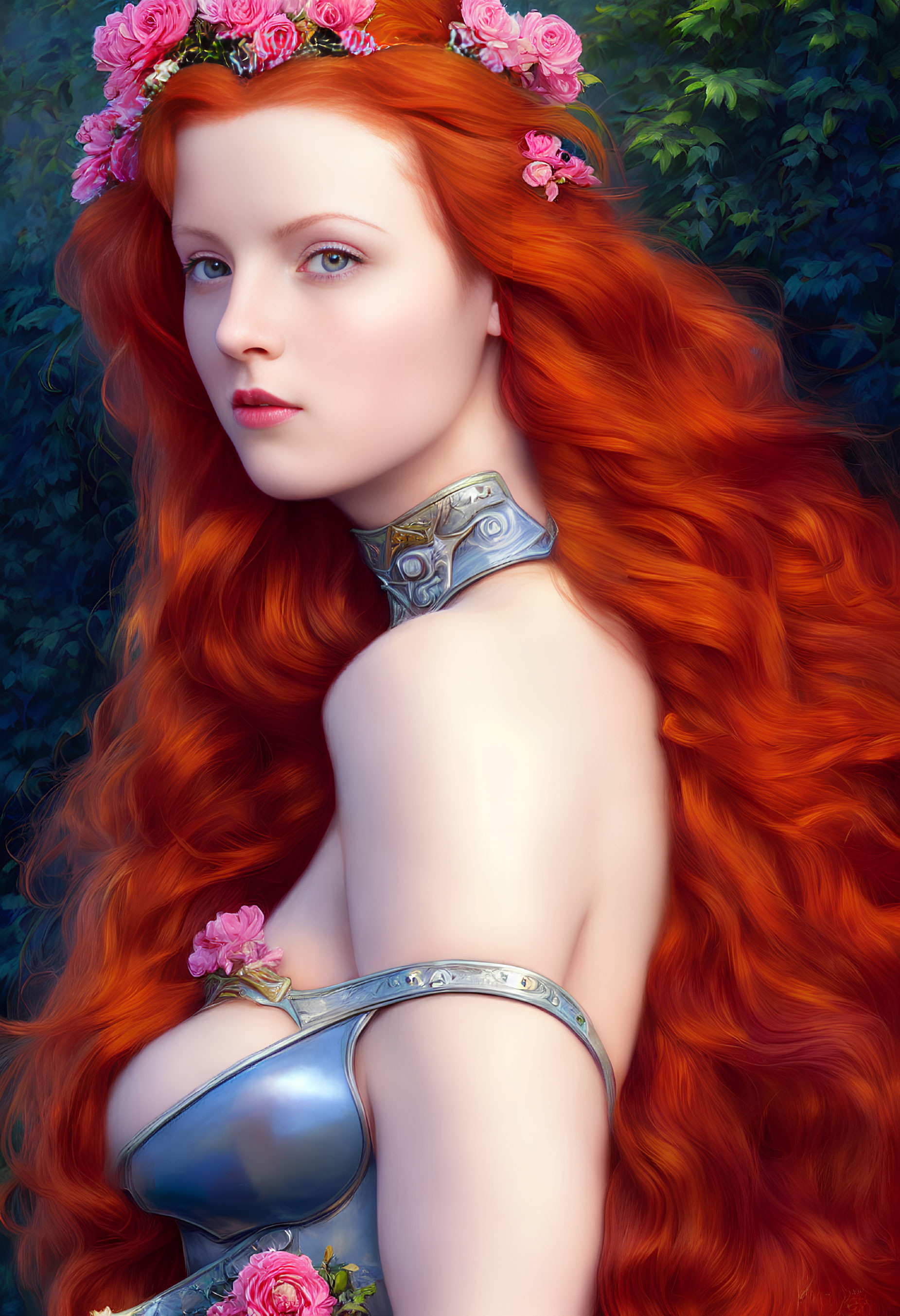 Digital artwork: Woman with red hair, floral crown, medieval armor, lush foliage