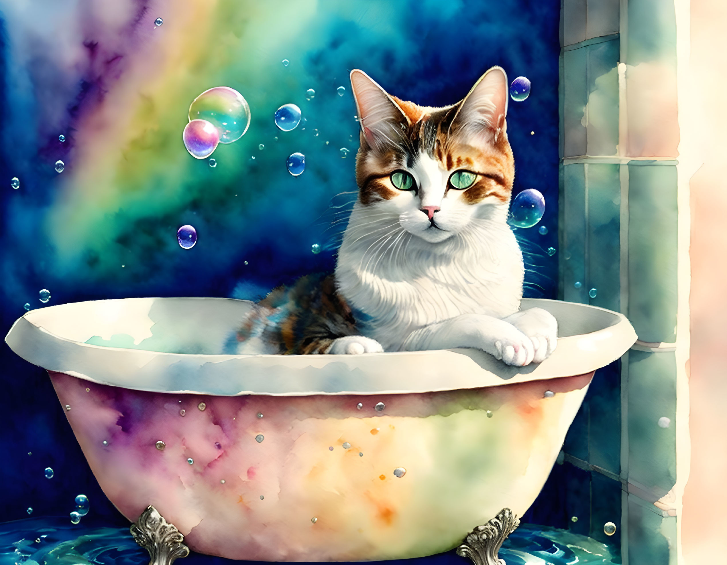 Vibrant Calico Cat in Bathtub with Soap Bubbles on Nebula Background