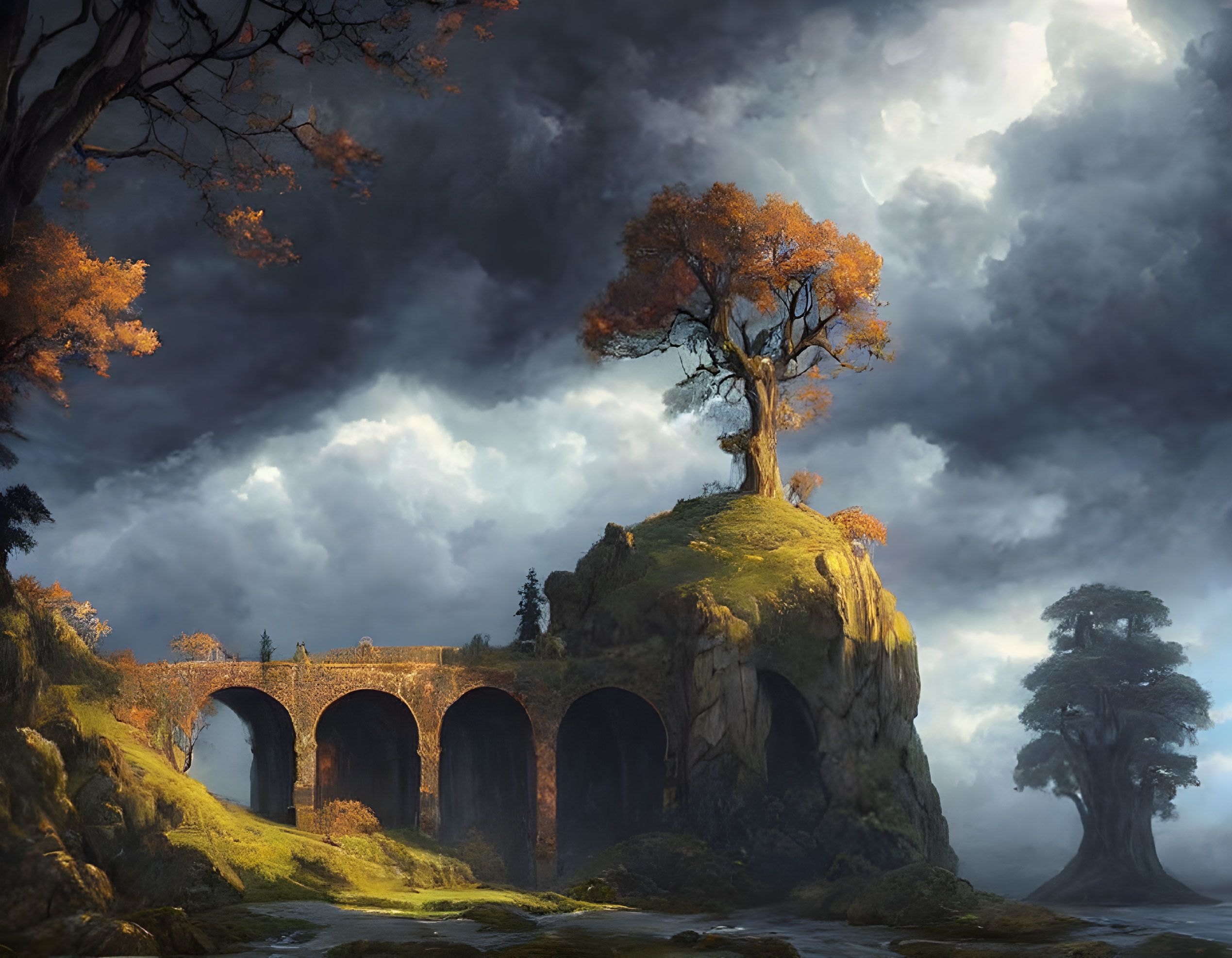 Stone arch bridge over cliff with autumn tree under dramatic sky