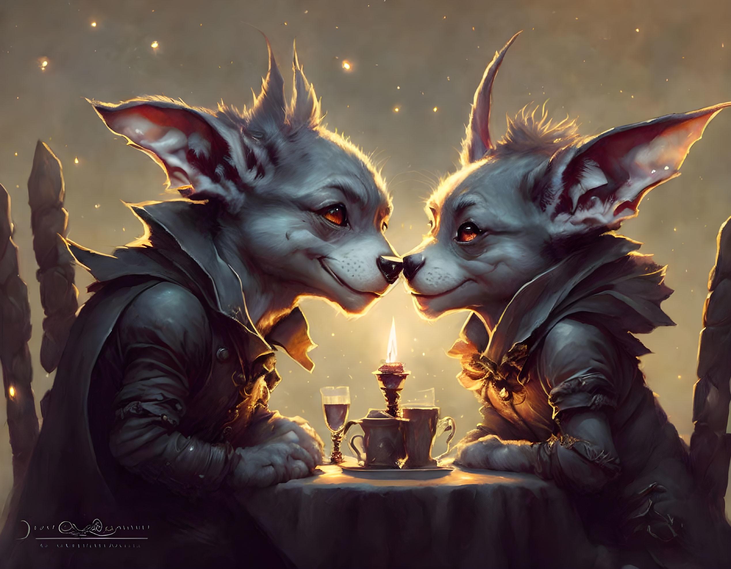 Anthropomorphic foxes in medieval attire at candle-lit table