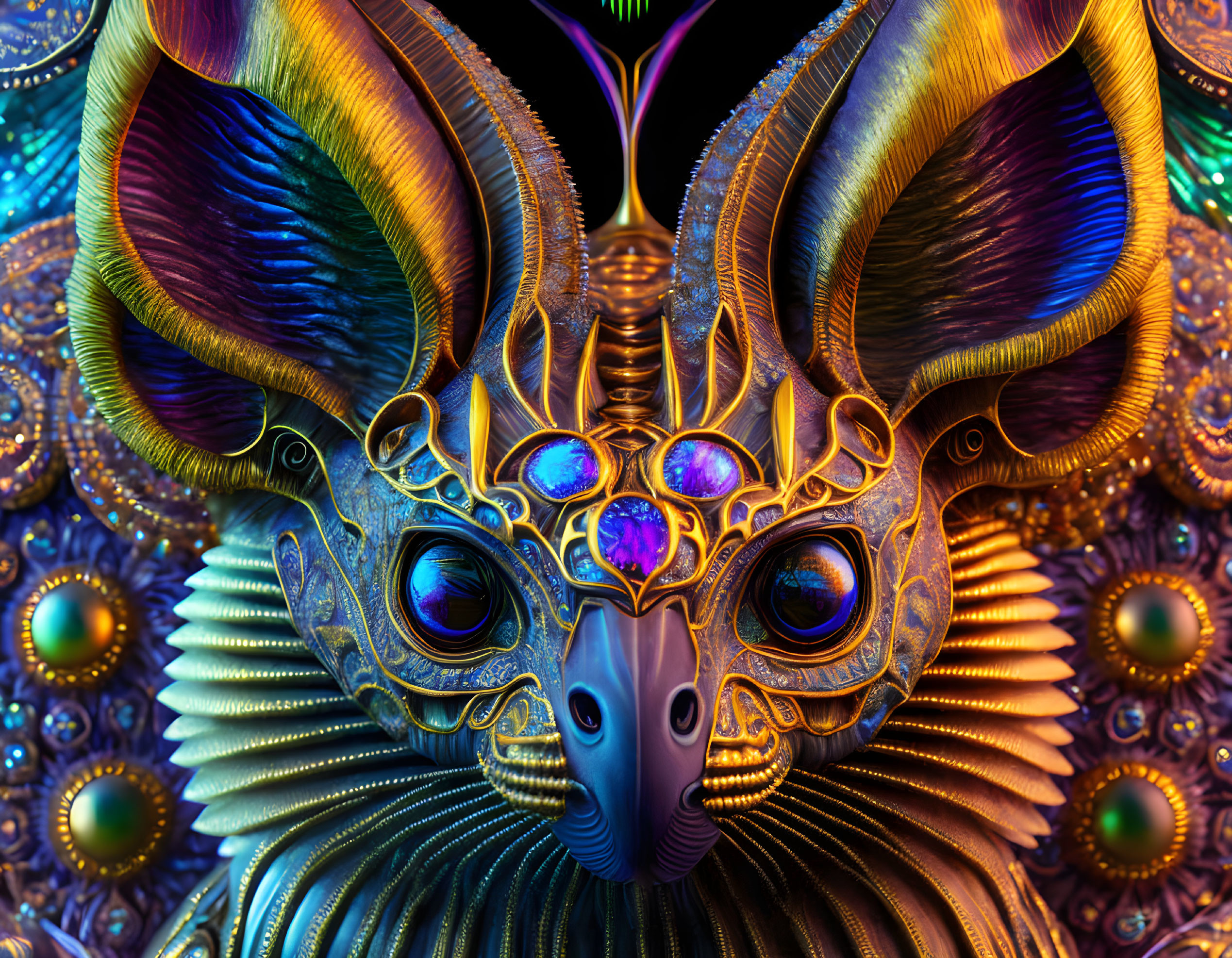 Colorful digital artwork: Mythical creature with intricate horns and mask on fractal background