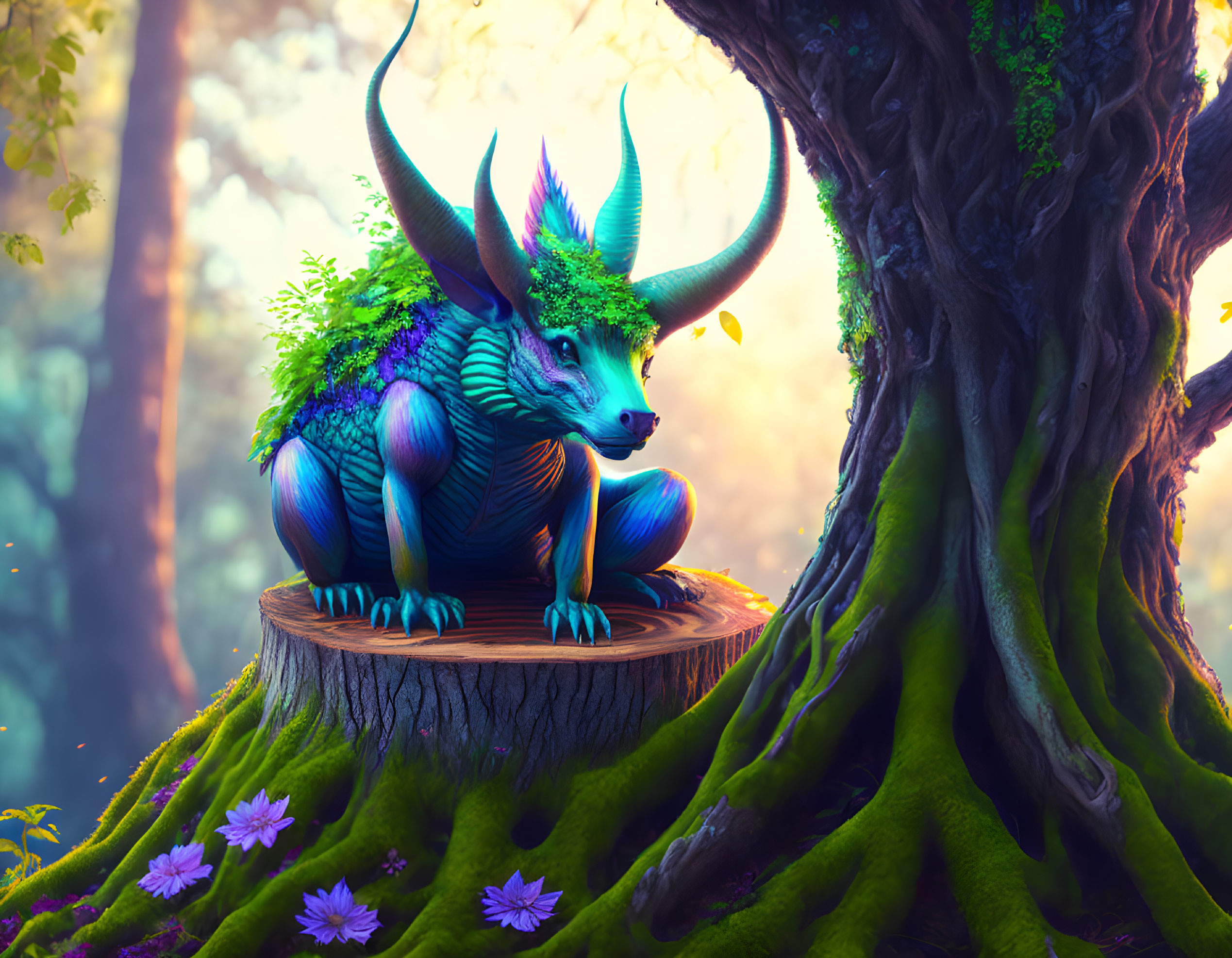 Colorful creature with multiple horns resting in enchanting forest