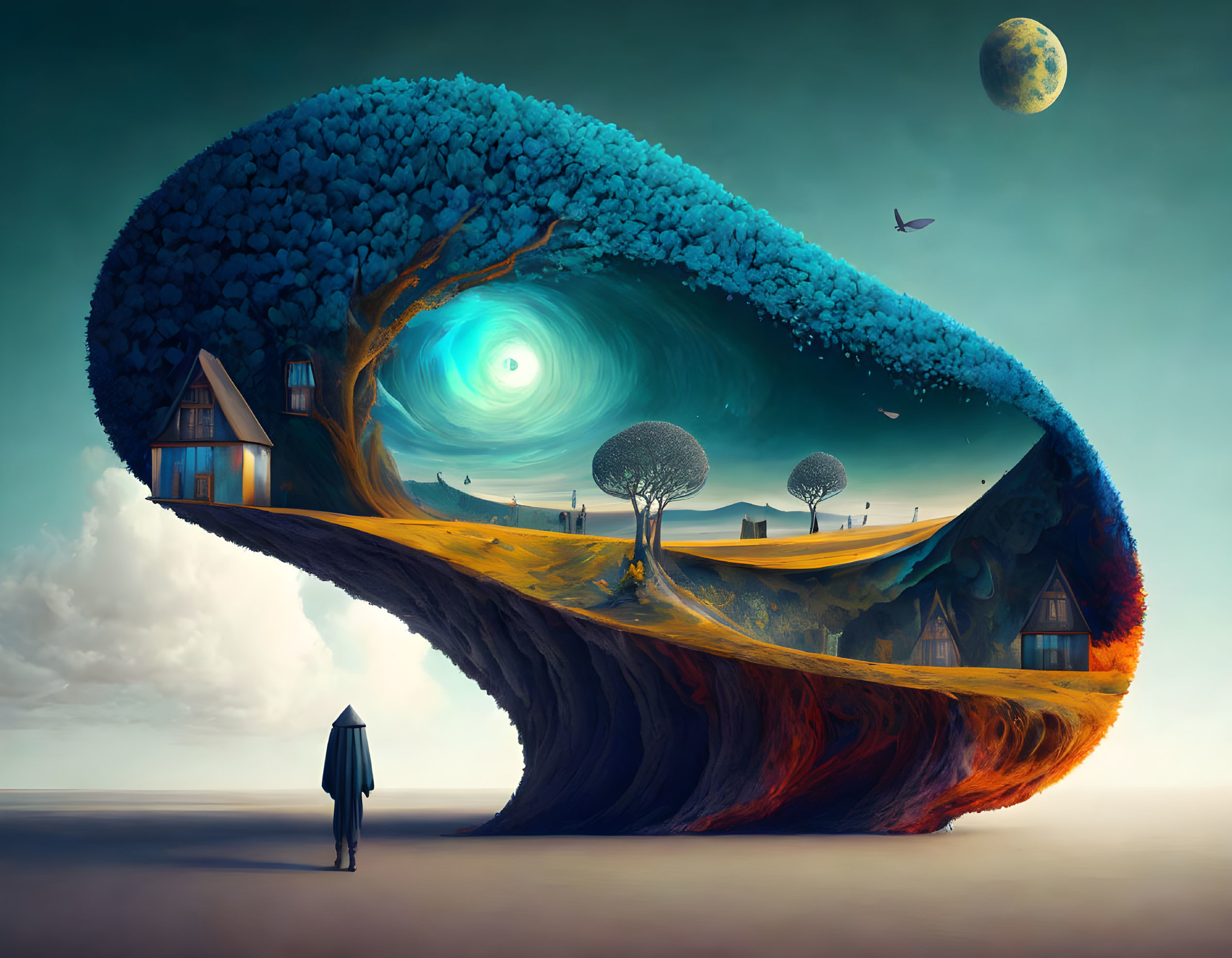 Surreal landscape with figure, wave-shaped tree, house, swirling sky, moon