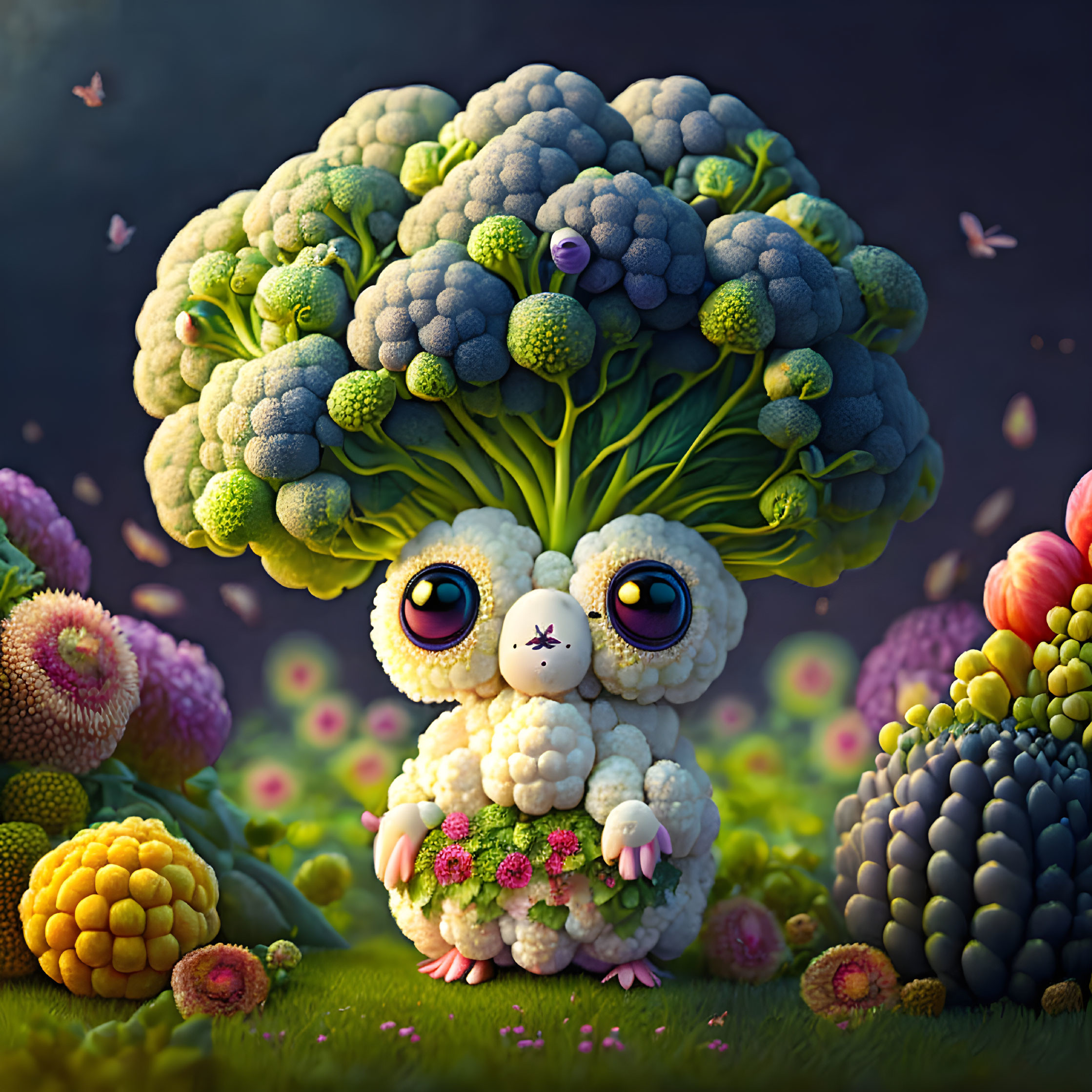 Colorful Illustration of Whimsical Creature with Broccoli Body