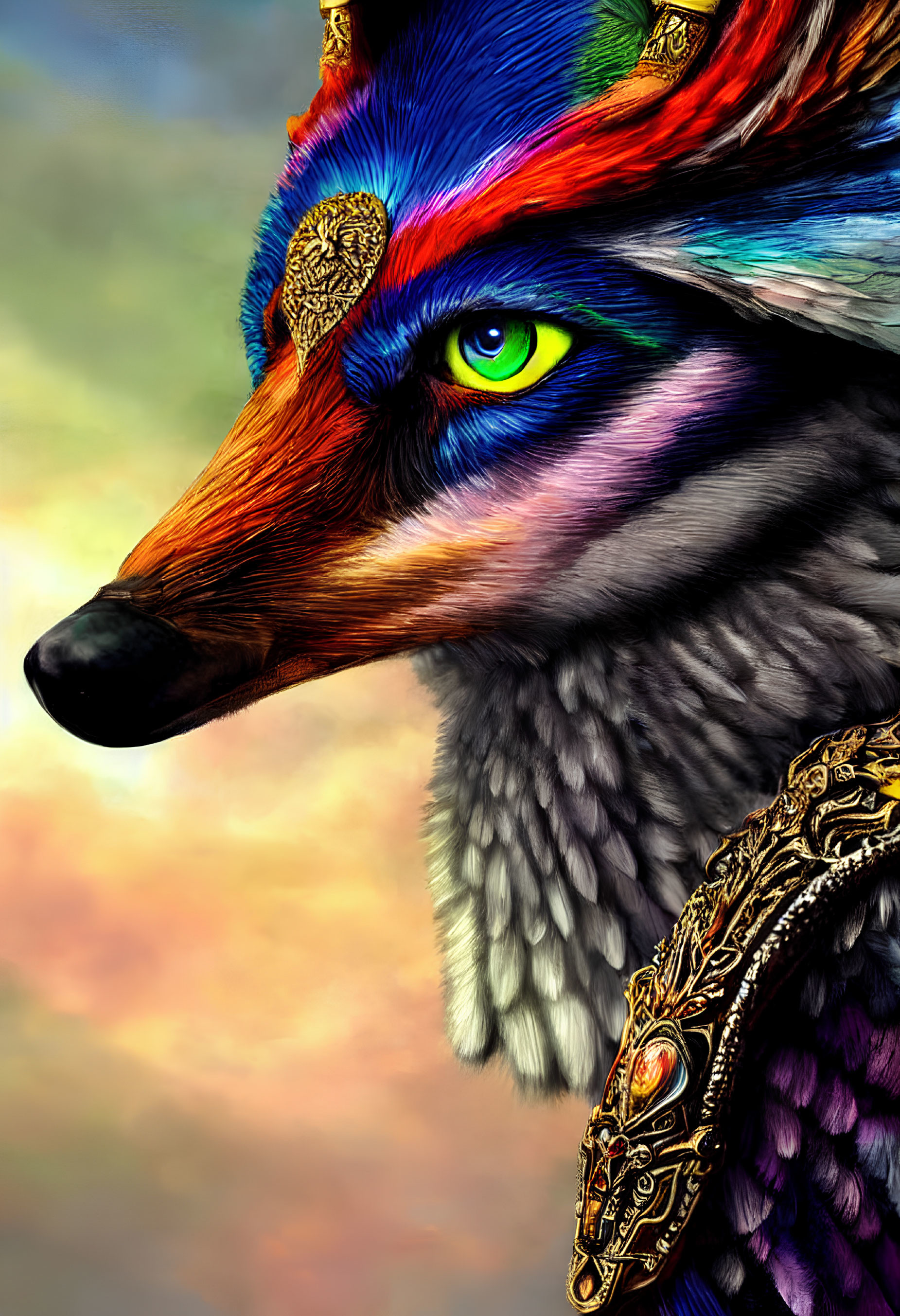 Detailed Portrait of Regal Anthropomorphic Fox with Vibrant Eyes and Golden Jewelry