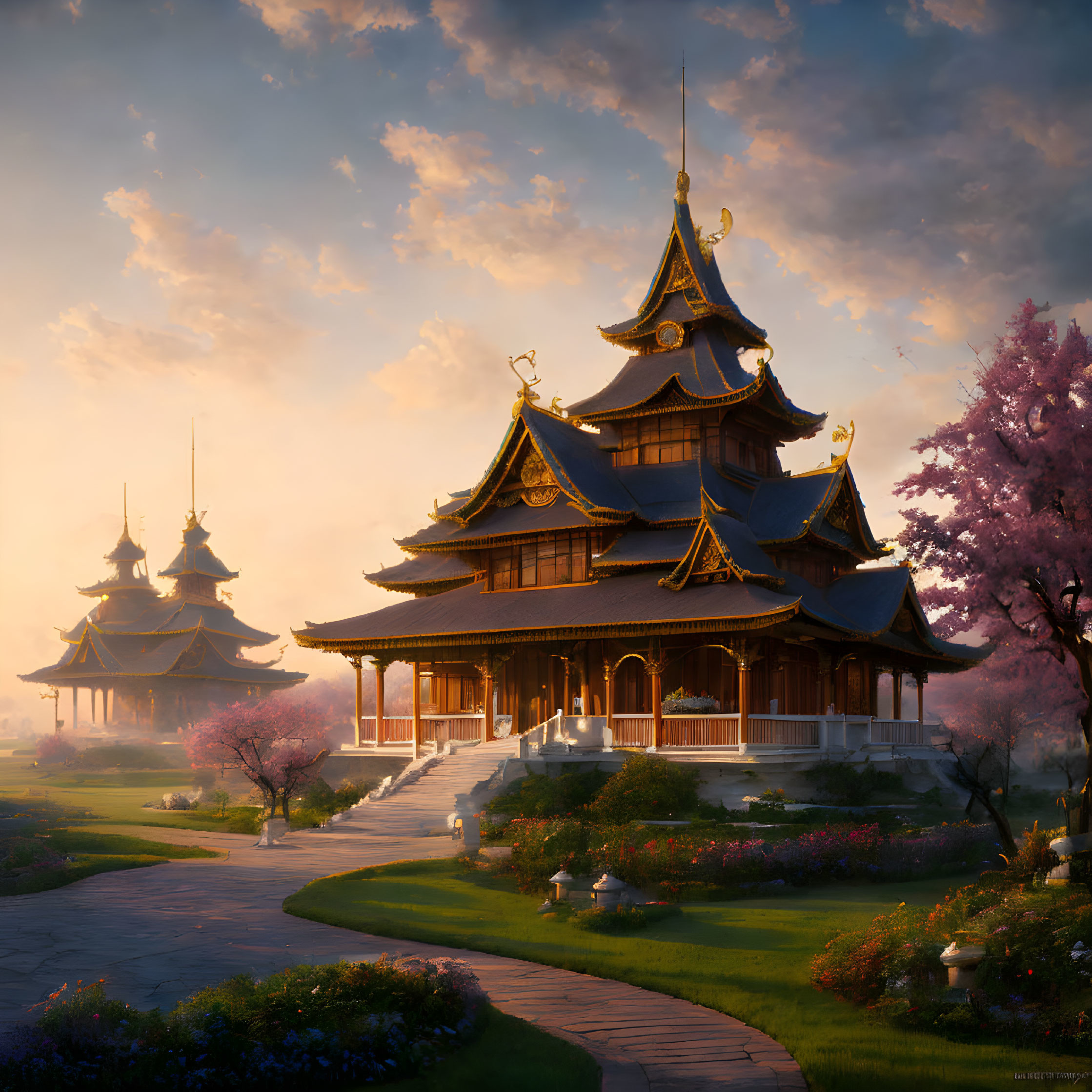 Japanese Pagoda Buildings with Cherry Blossoms in Sunset Garden