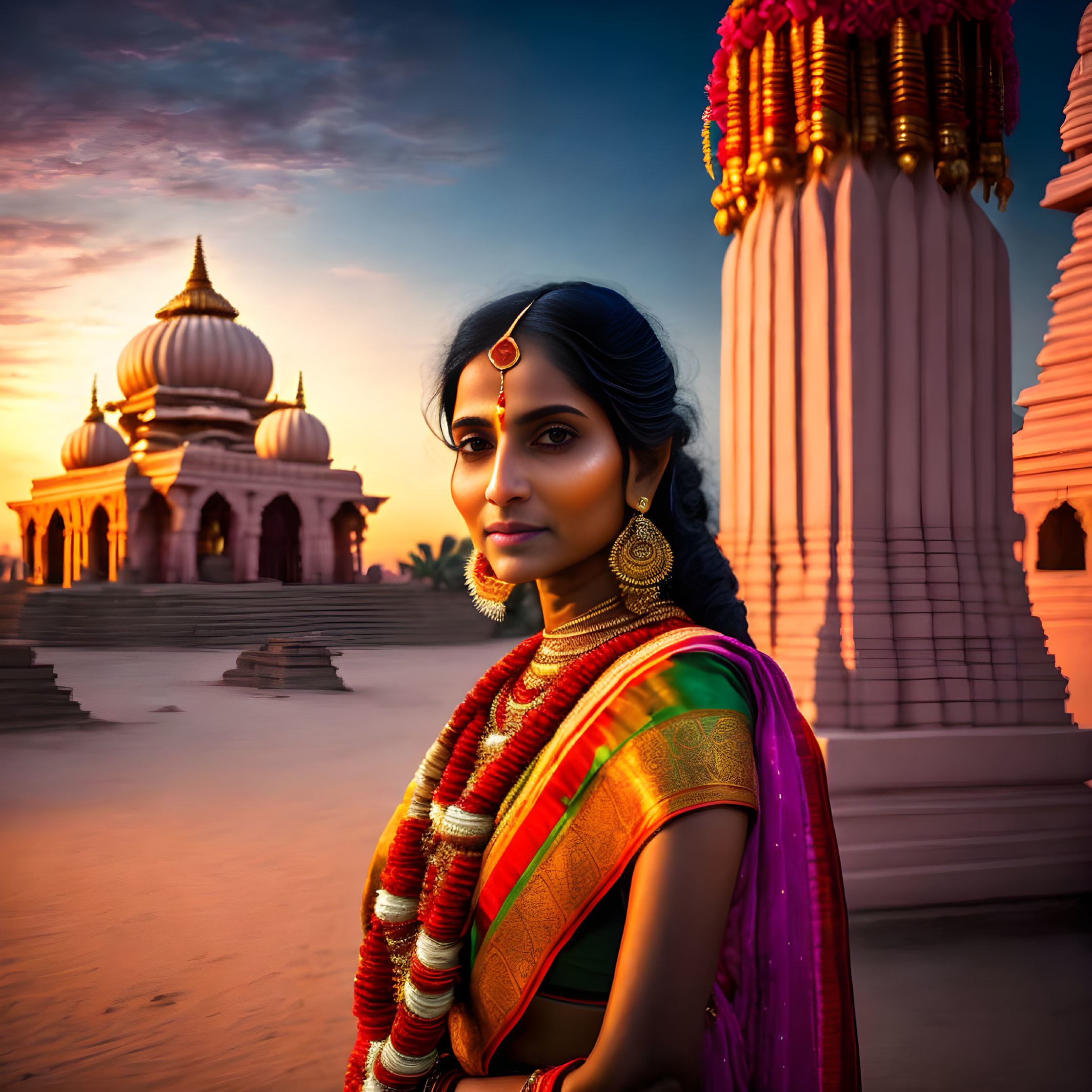 Traditional Indian Woman in Attire with Jewelry, Sunset View of Temple