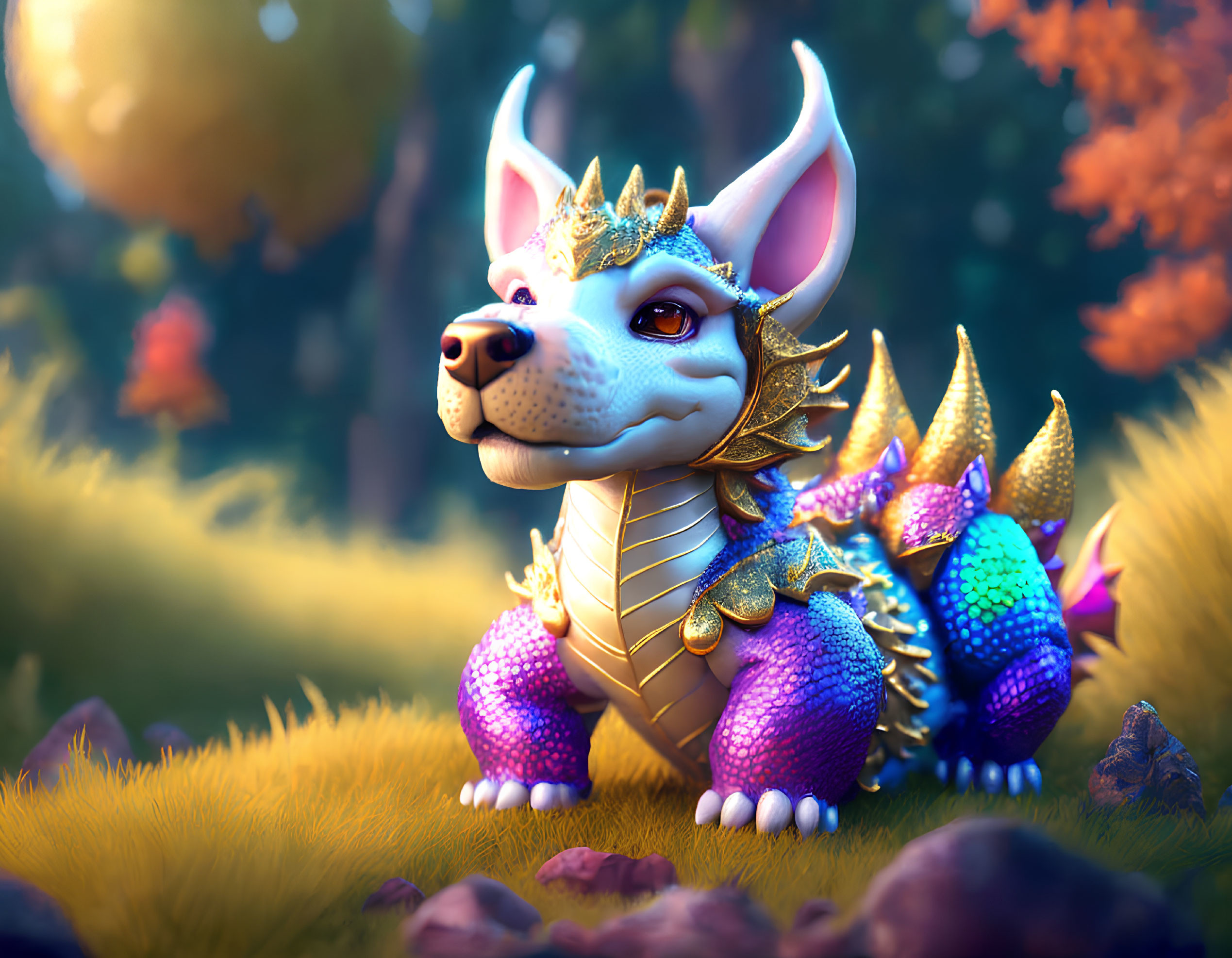 Vibrant digital illustration: Fanciful dragon-like creature in enchanted forest