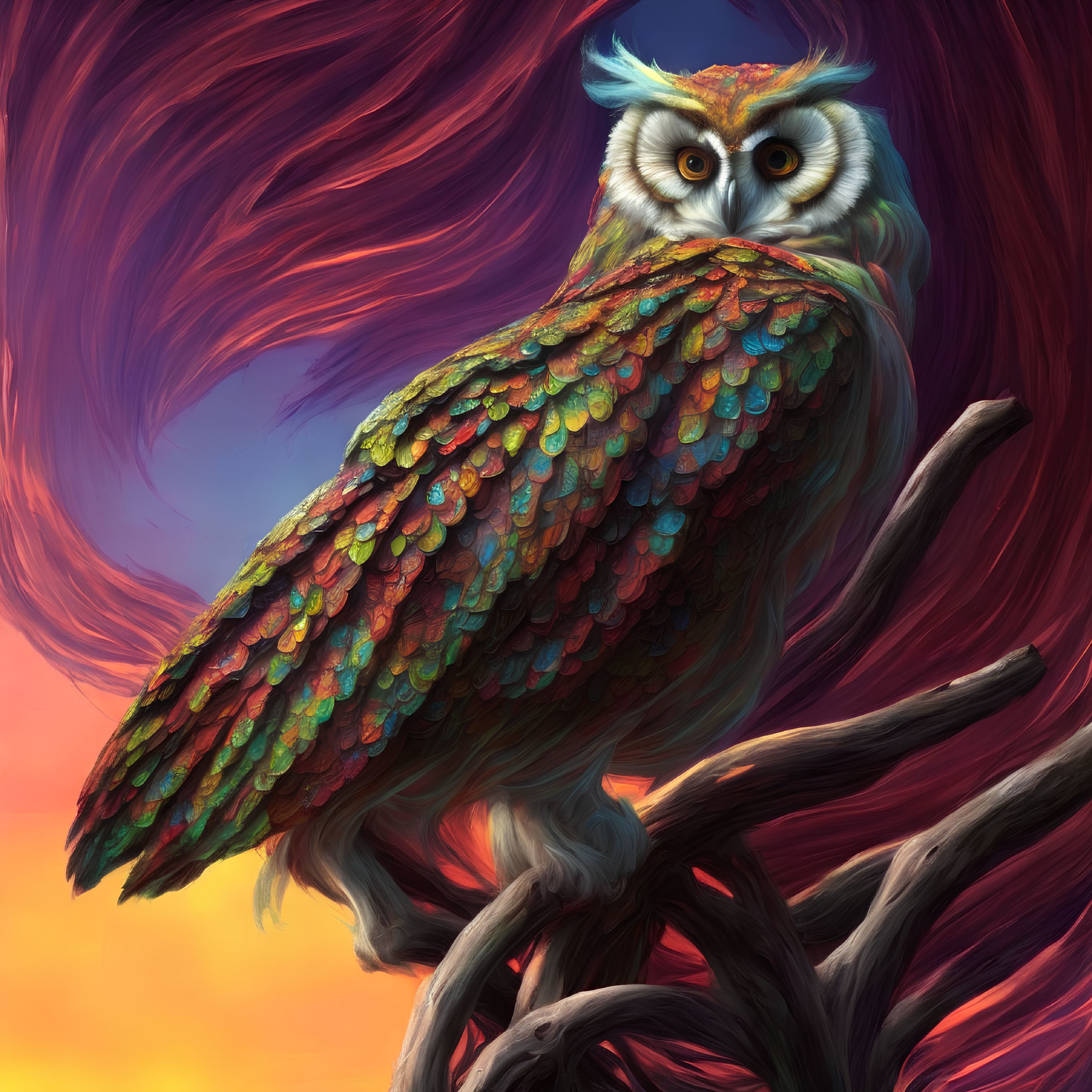 Colorful fantasy owl on twisted branch at sunset