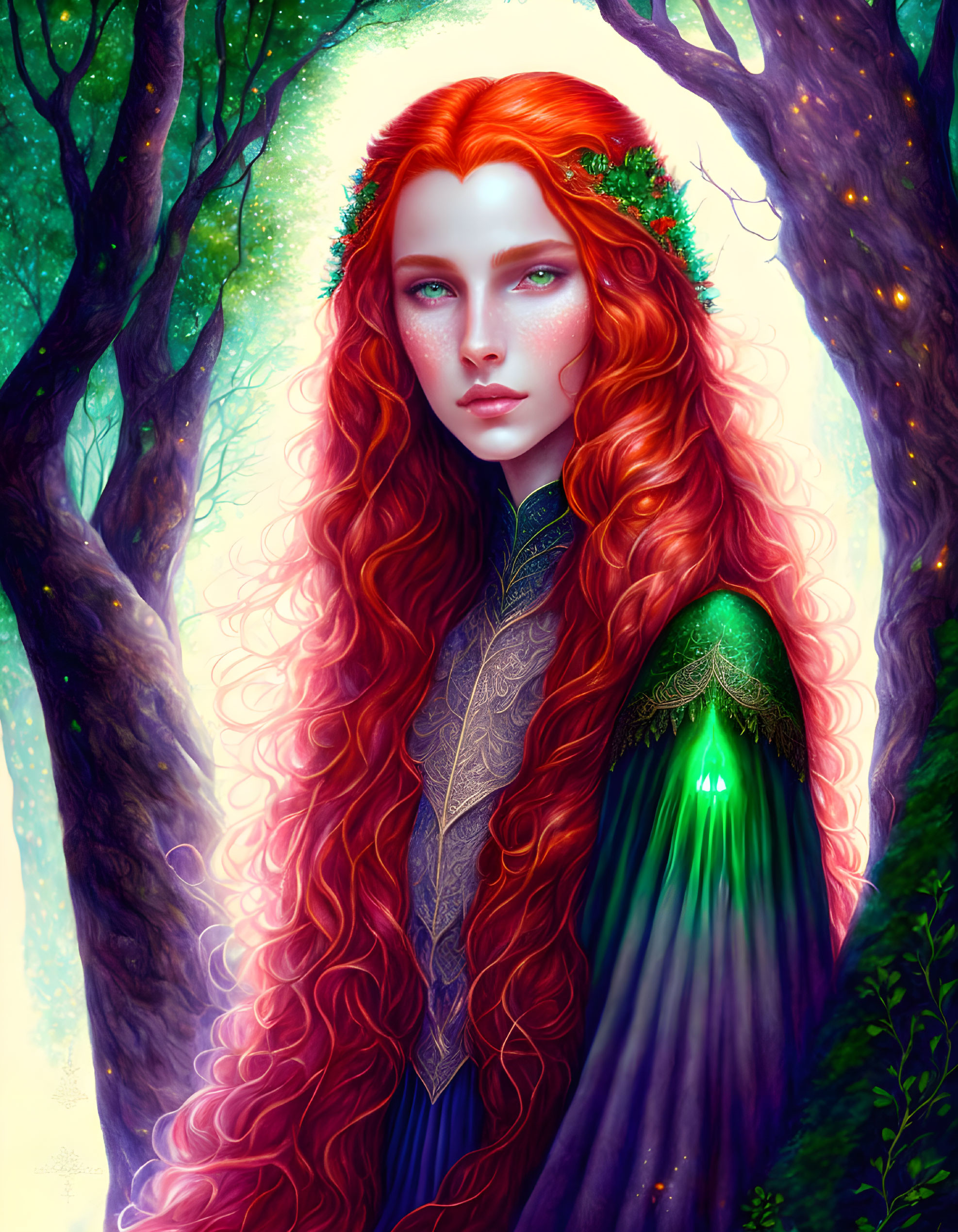 Digital painting: Woman with red hair in green medieval dress among trees