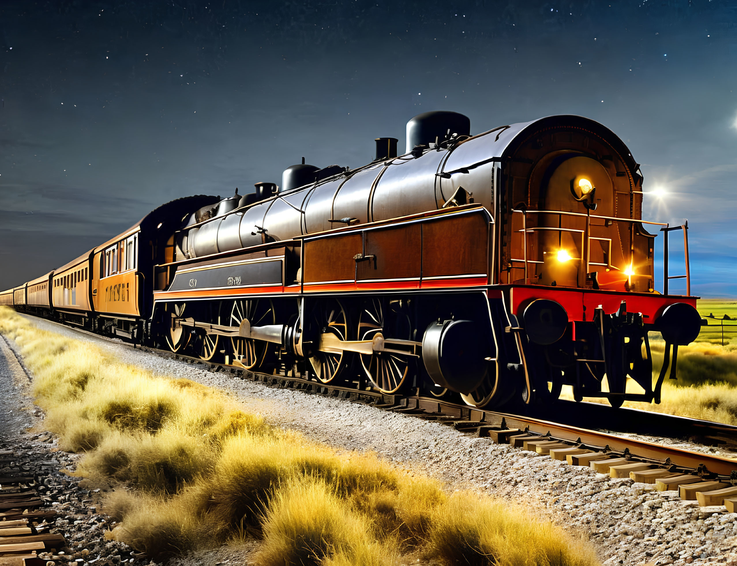 Vintage Steam Locomotive with Illuminated Headlamp on Nighttime Tracks