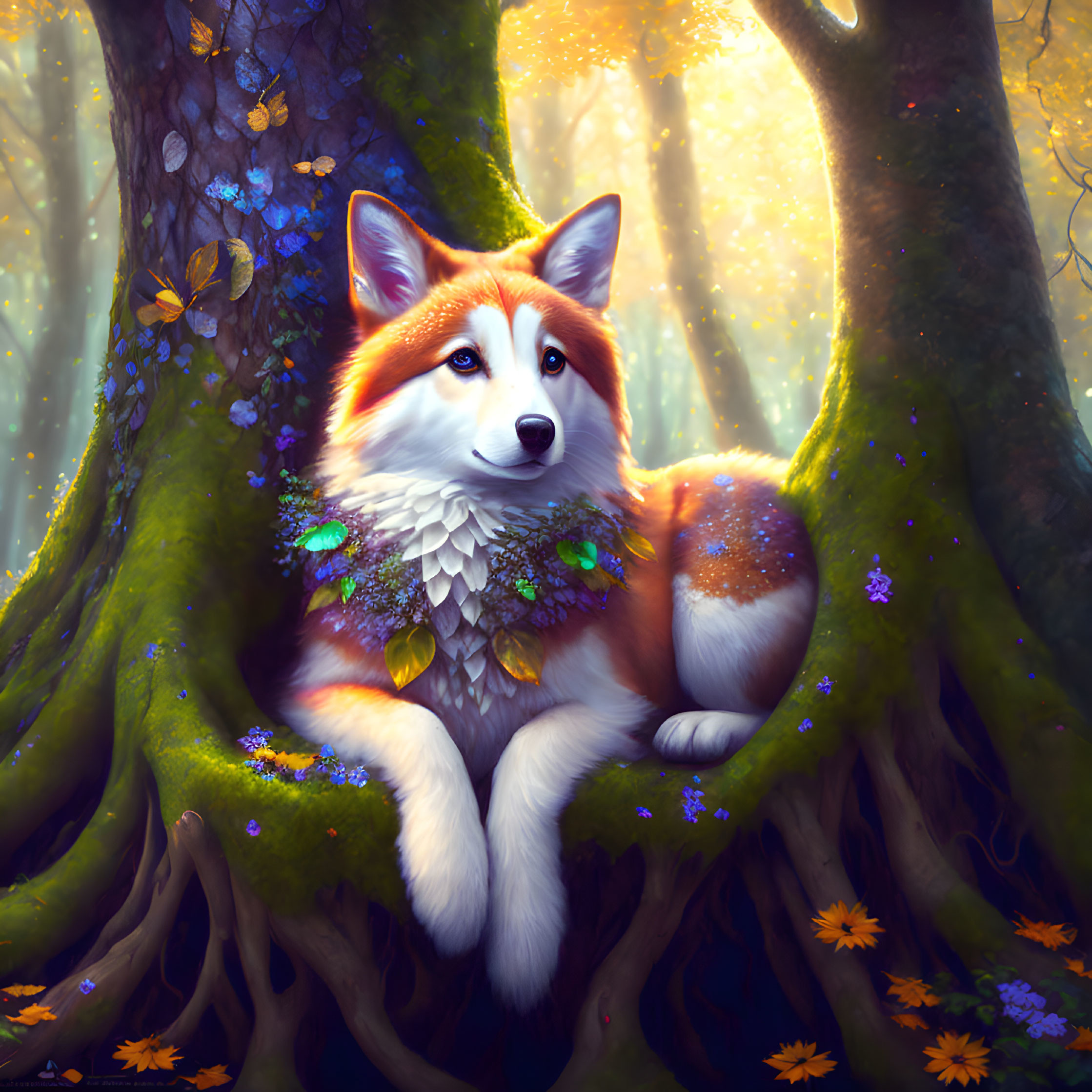 Illustration of bright-eyed fox in enchanted forest with leafy collar