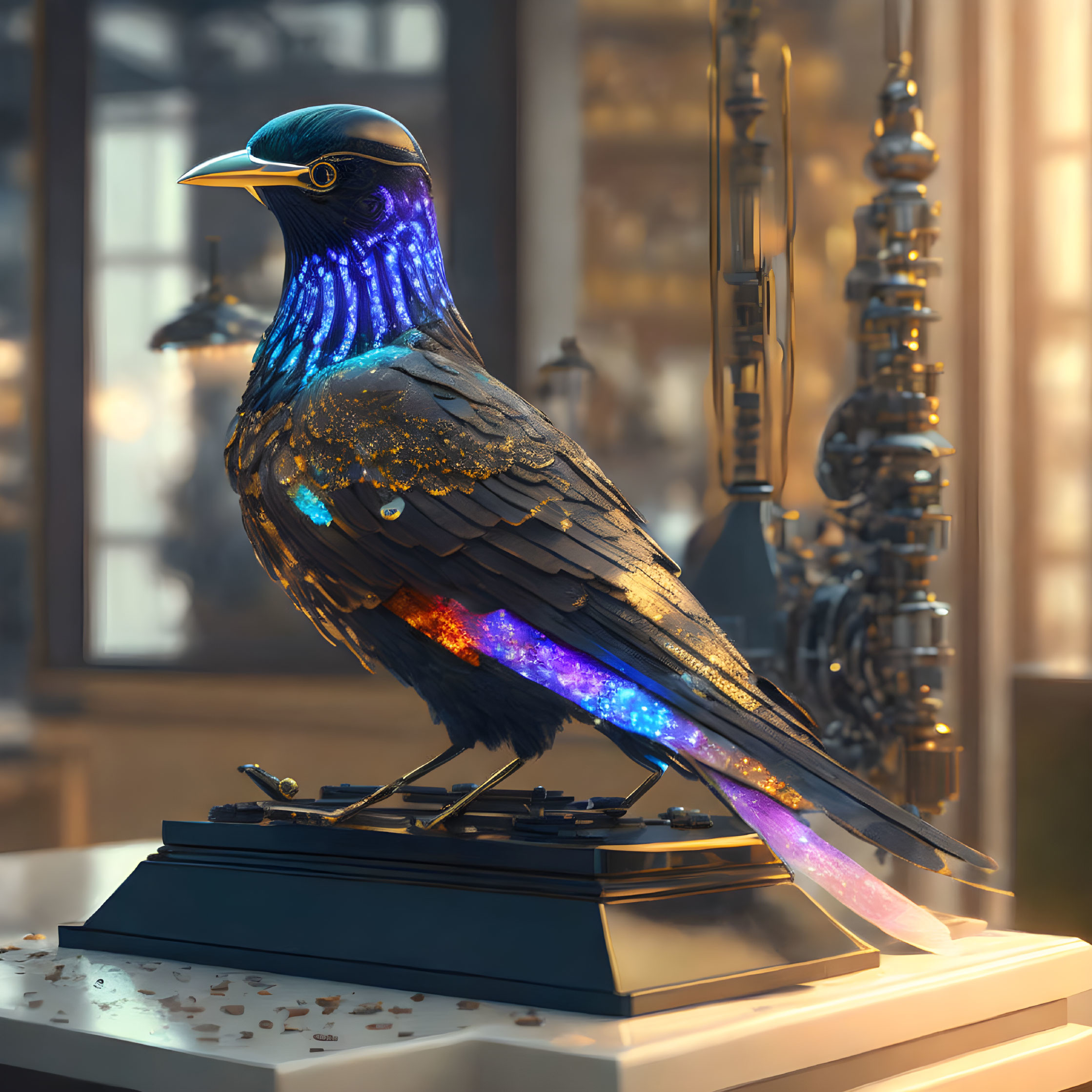 Realistic digital illustration of a vibrant mechanical bird in futuristic room