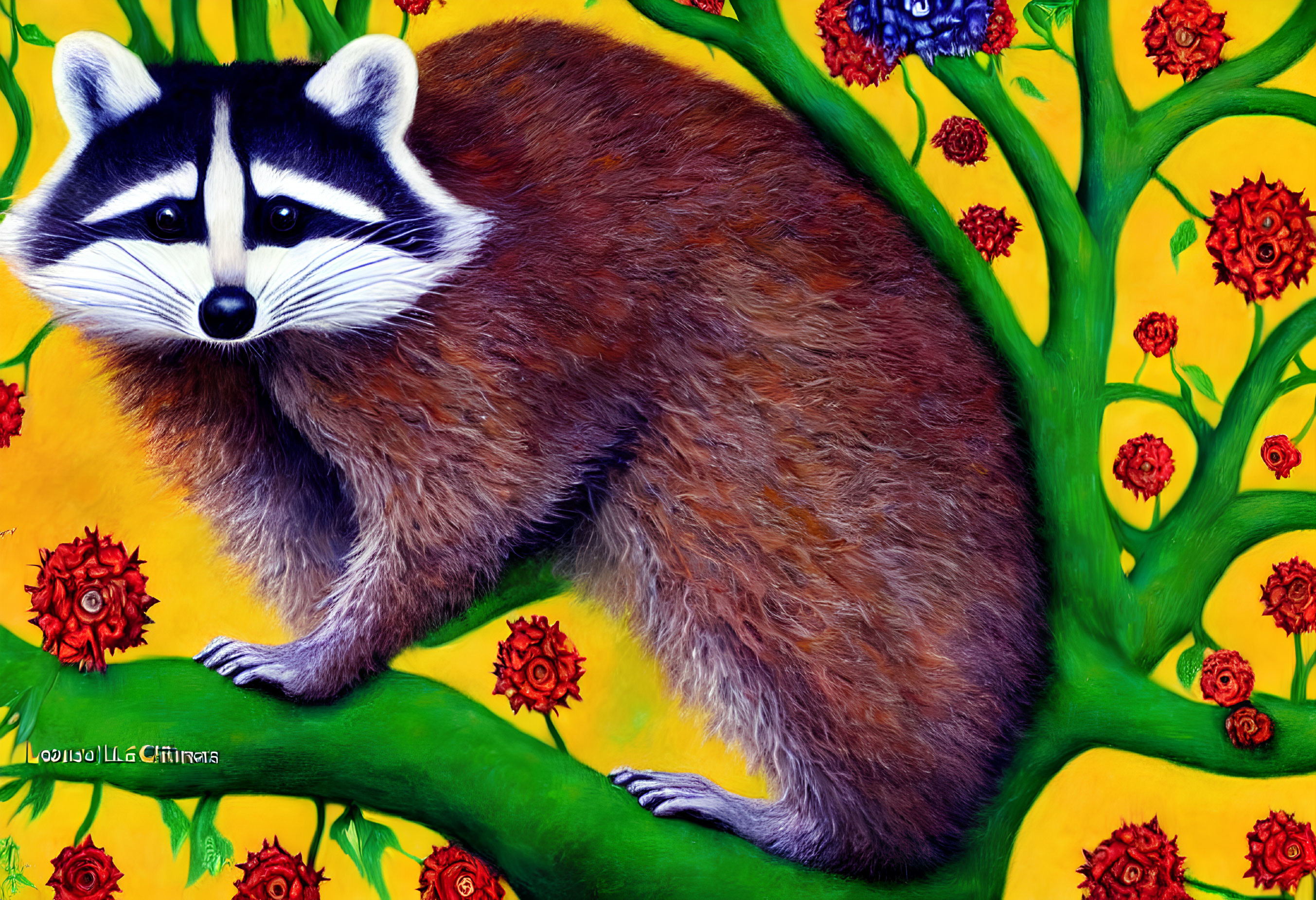 Vibrant raccoon illustration on tree branch with colorful floral backdrop