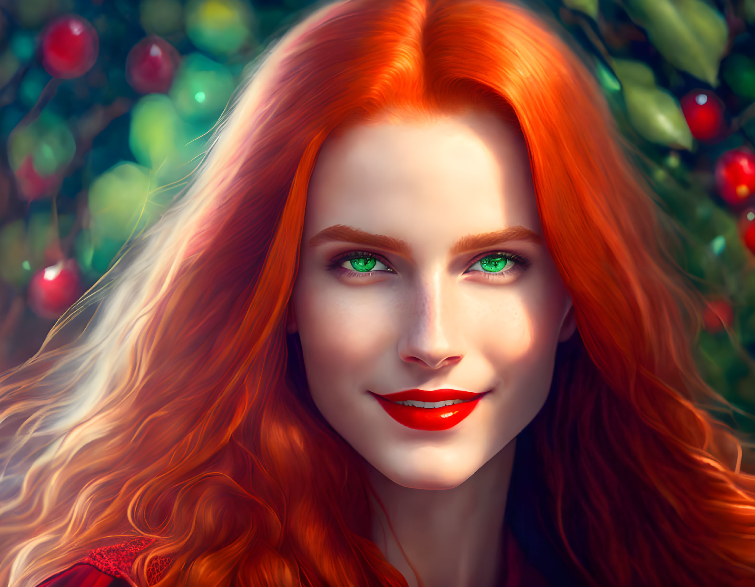 Colorful digital portrait of a woman with green eyes and red hair