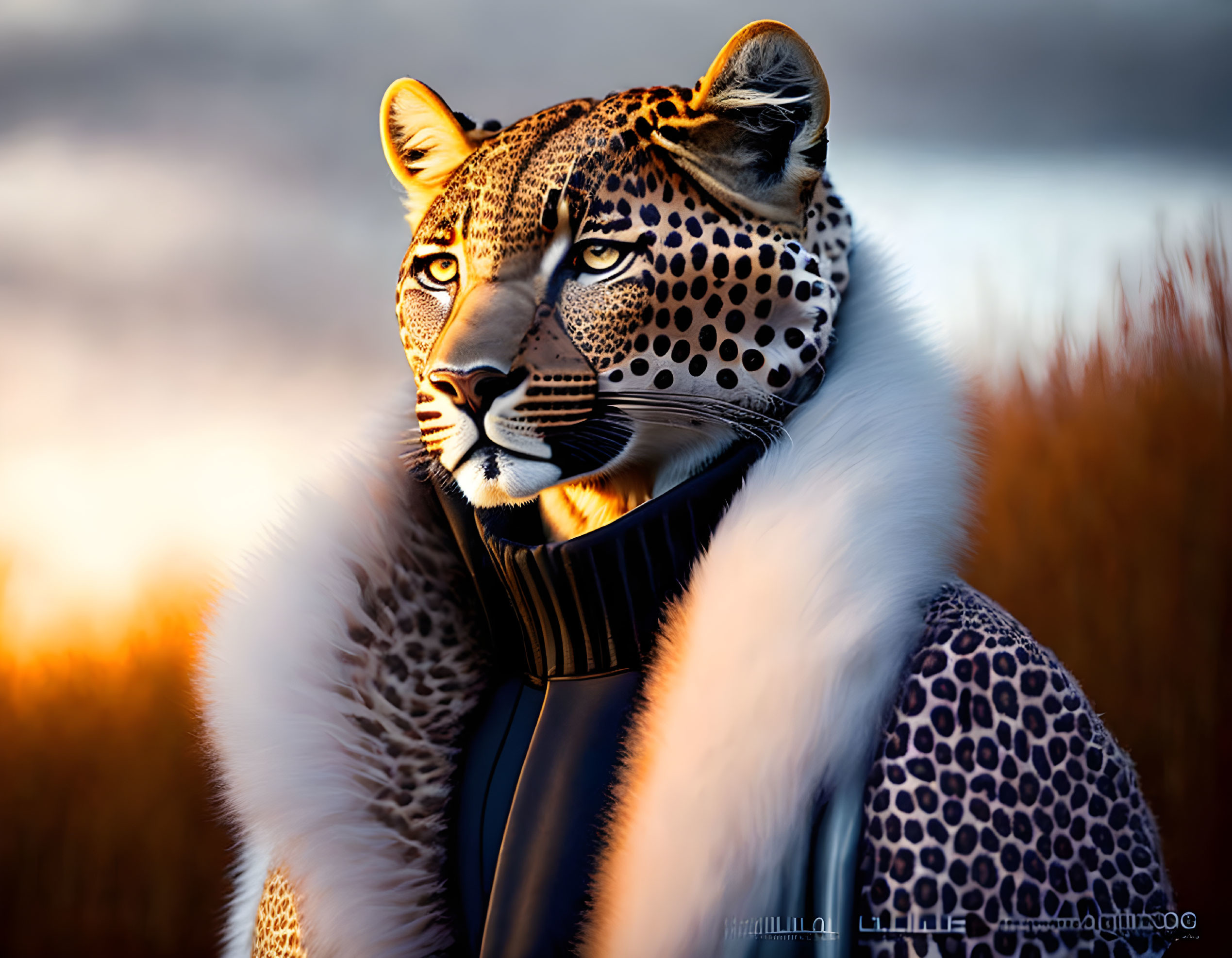 Digital artwork: Human form with leopard head in black outfit, leopard collar, sunset background