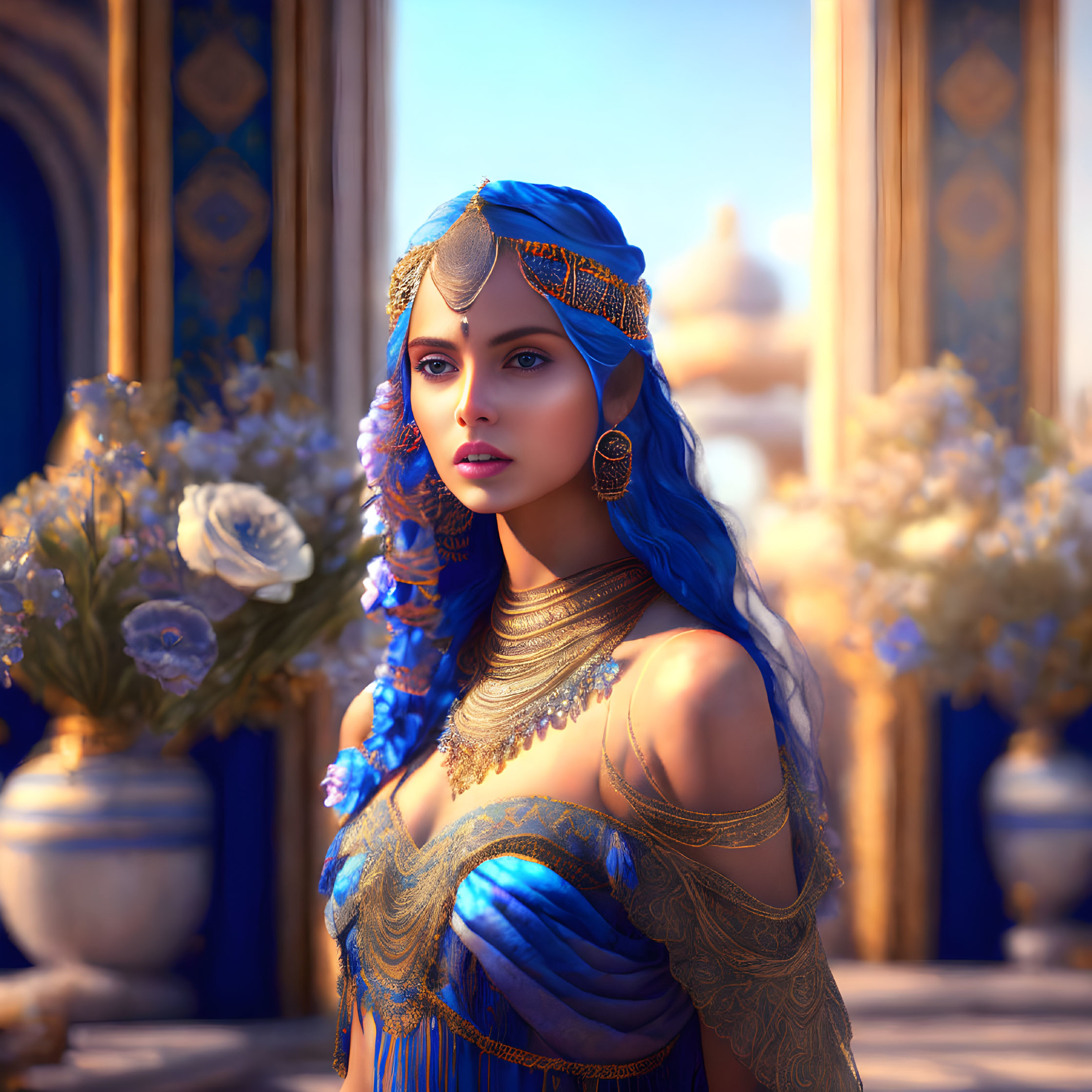 Woman with Blue Hair and Golden Jewelry in Regal Palace Ambience