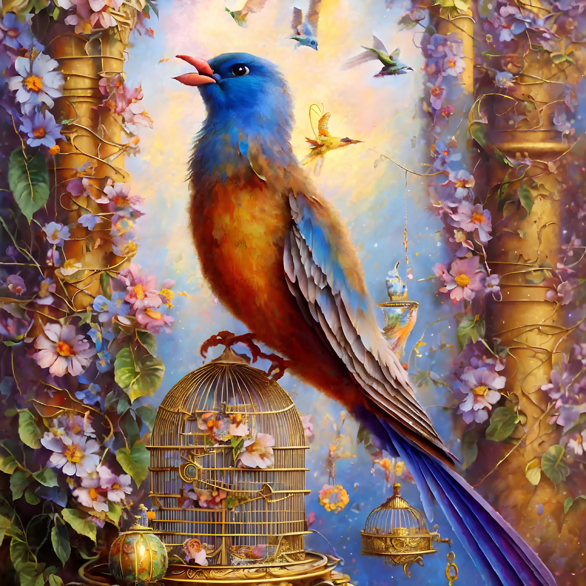 Colorful painting featuring large bird, open cage, butterflies, flowers, and soft light.