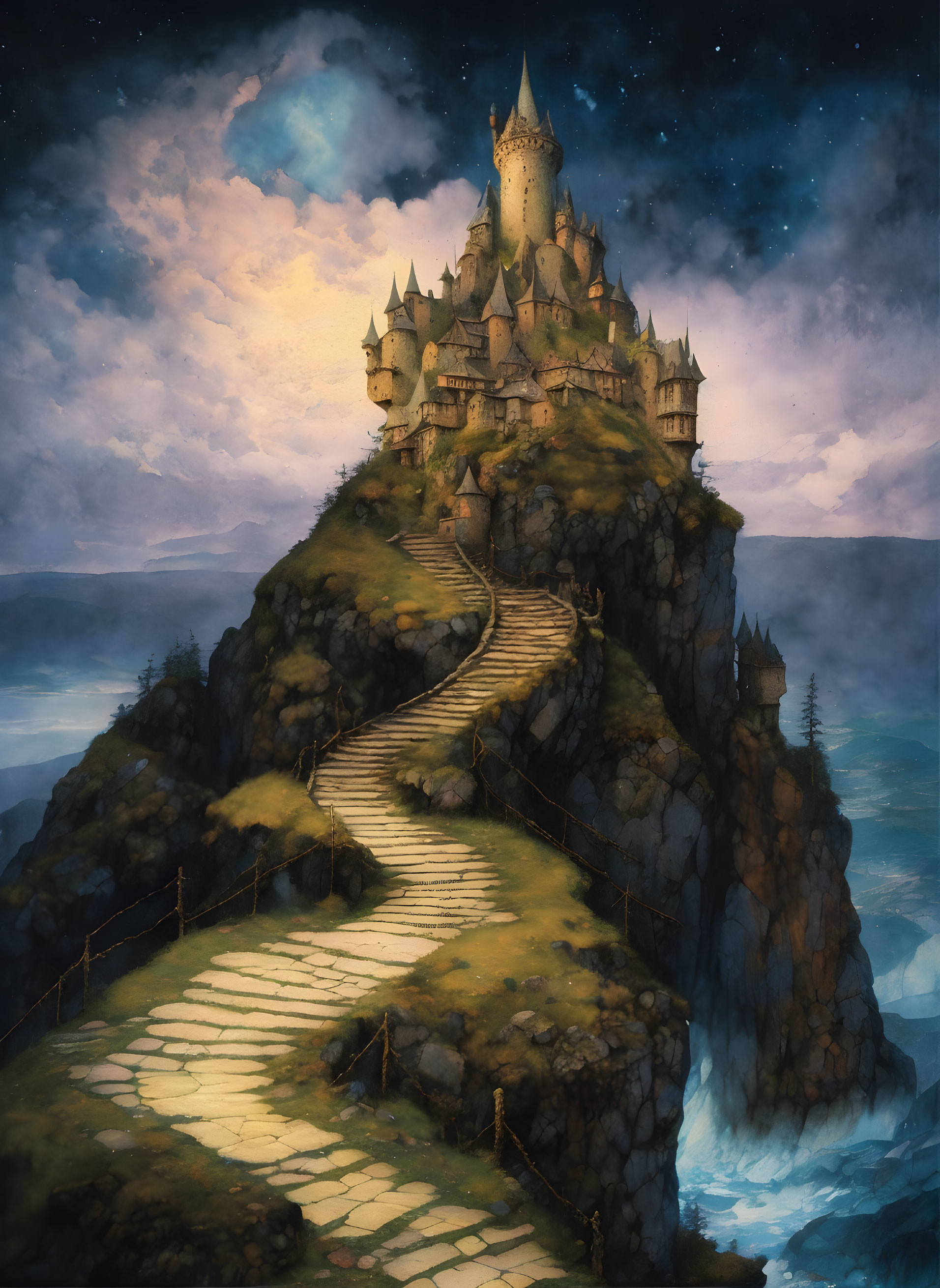 Castle on Steep Cliff with Winding Staircase under Starlit Sky