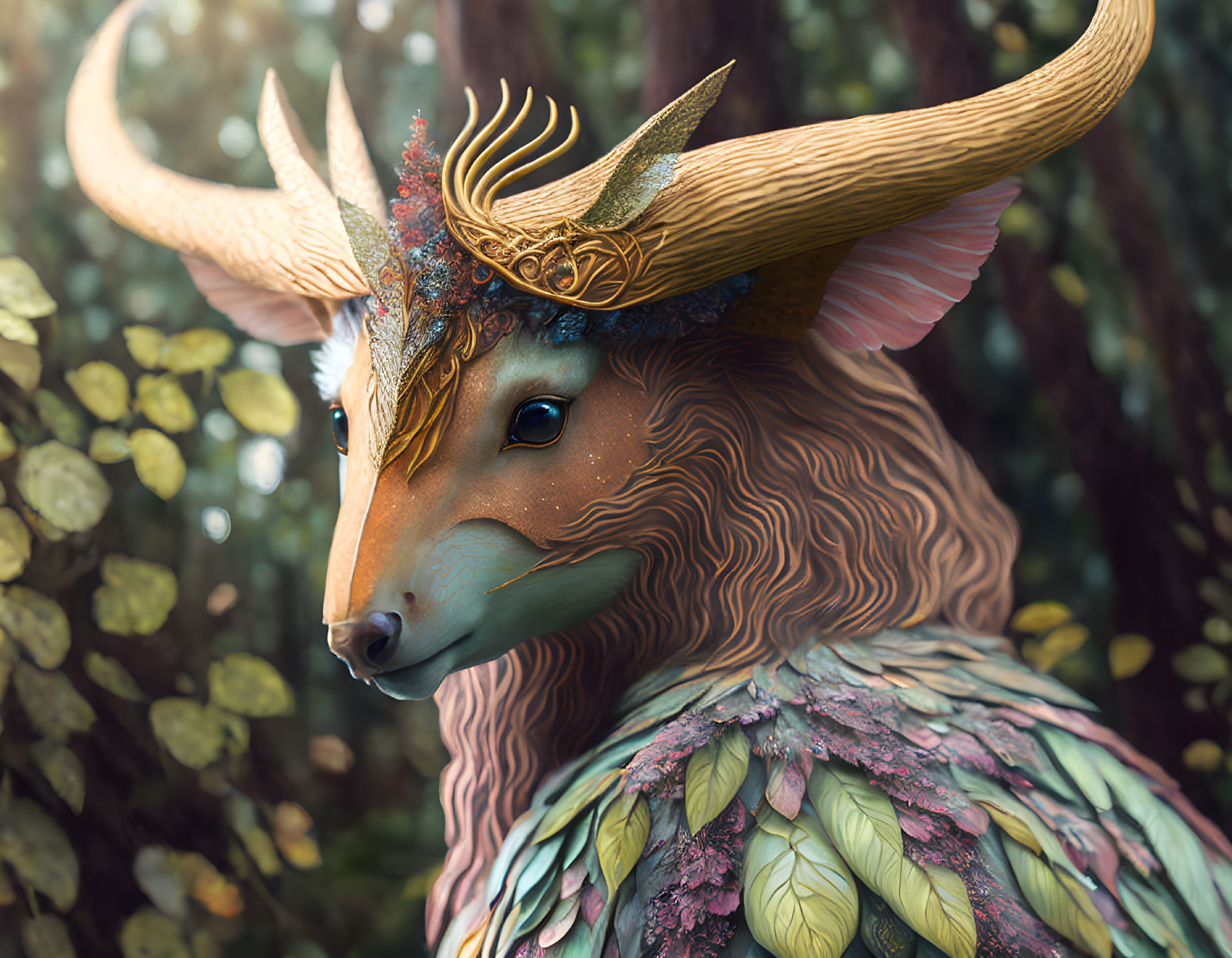 Mythical creature with stag antlers and fox-like face in sunlit forest