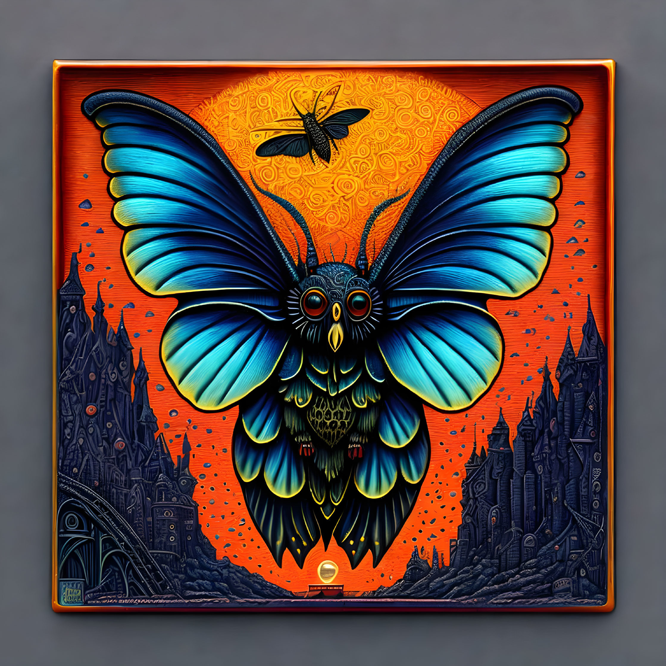 Colorful artwork: Blue moth with intricate patterns on wings, bee, and gothic architecture on orange