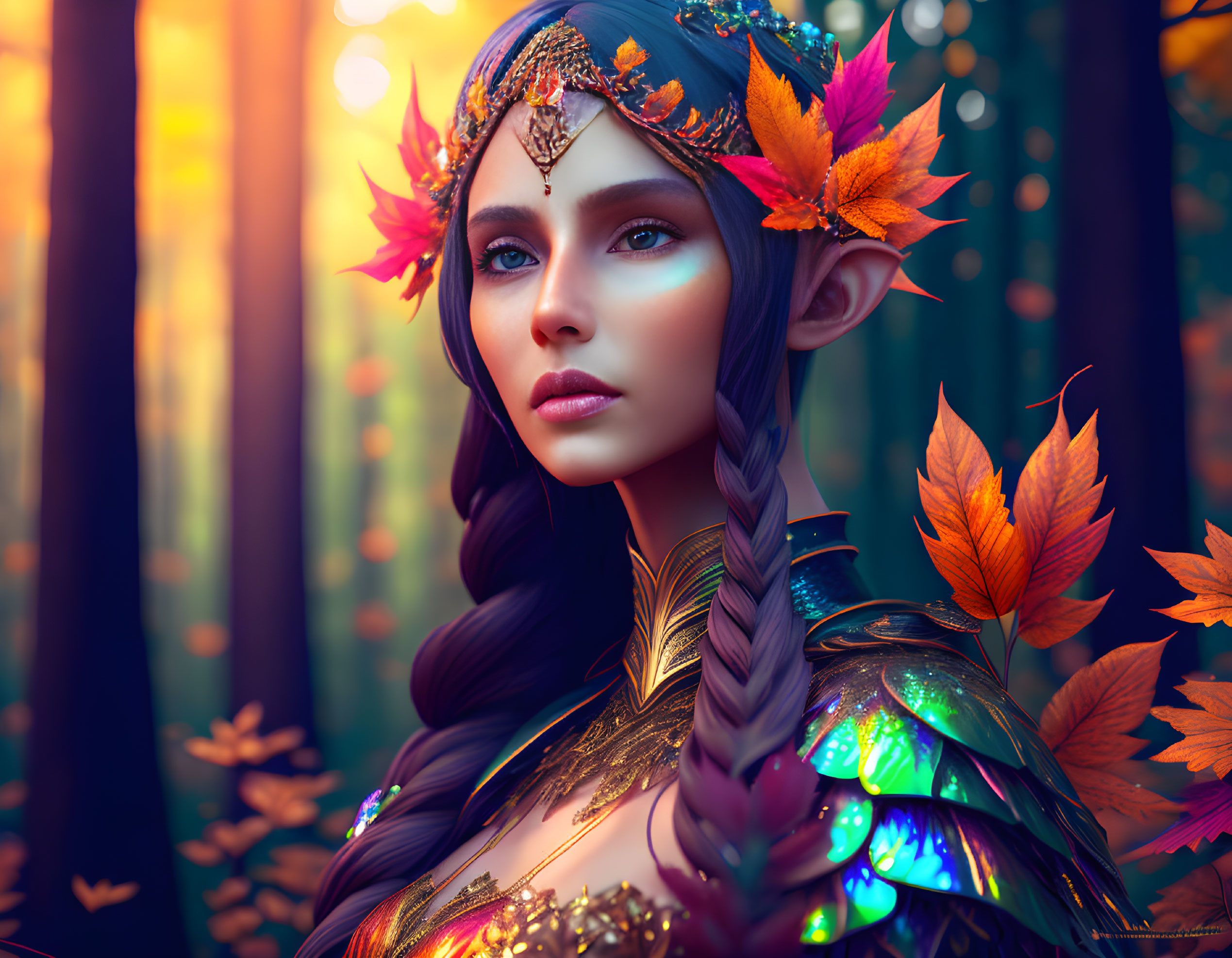 Digital artwork: Elf with leafy crown in mystical forest